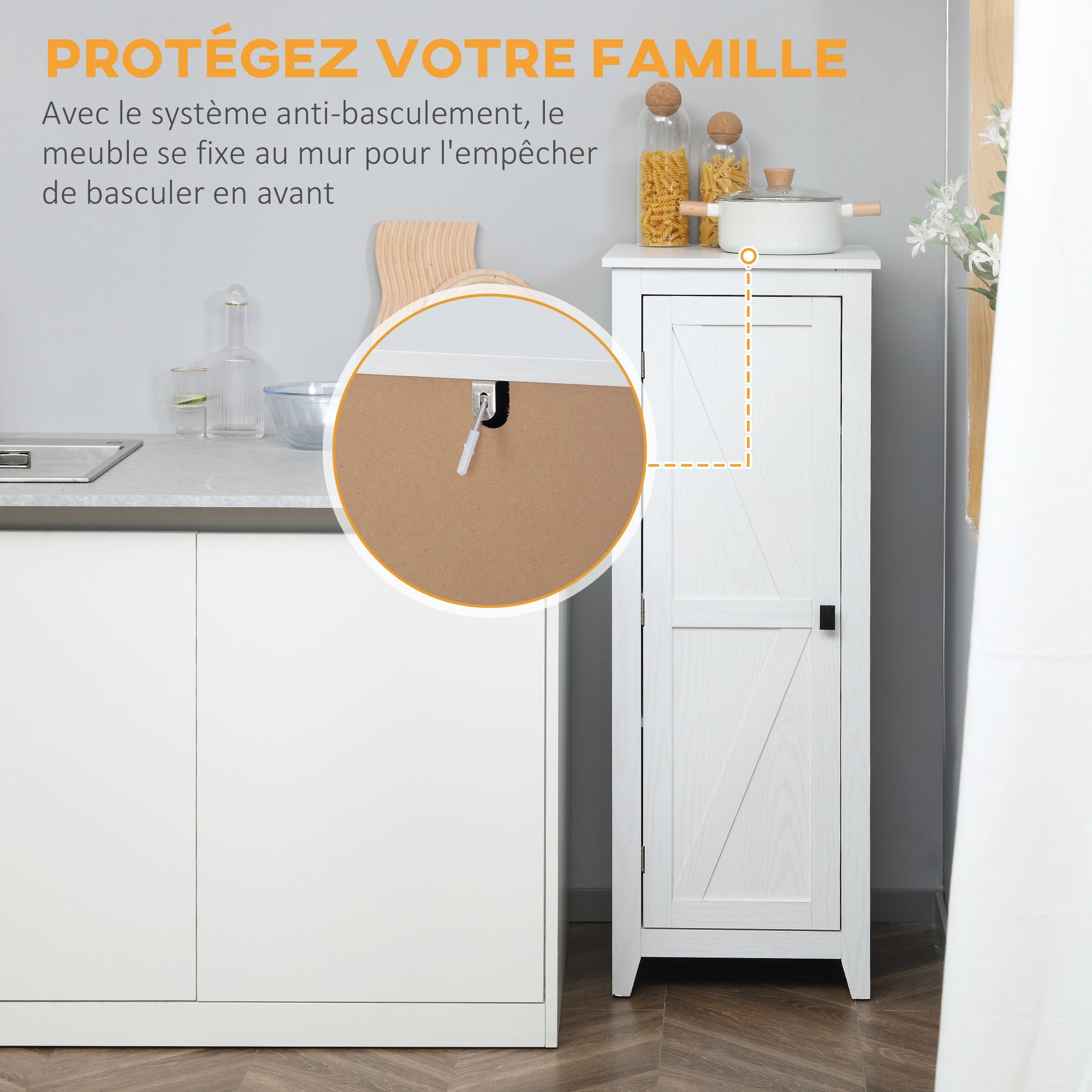 Storage Cabinet Buffet Kitchen Storage Unit for Bathroom Space Saver Classic Style with 3 Adjustable Shelves - Height 120 cm in White Wood