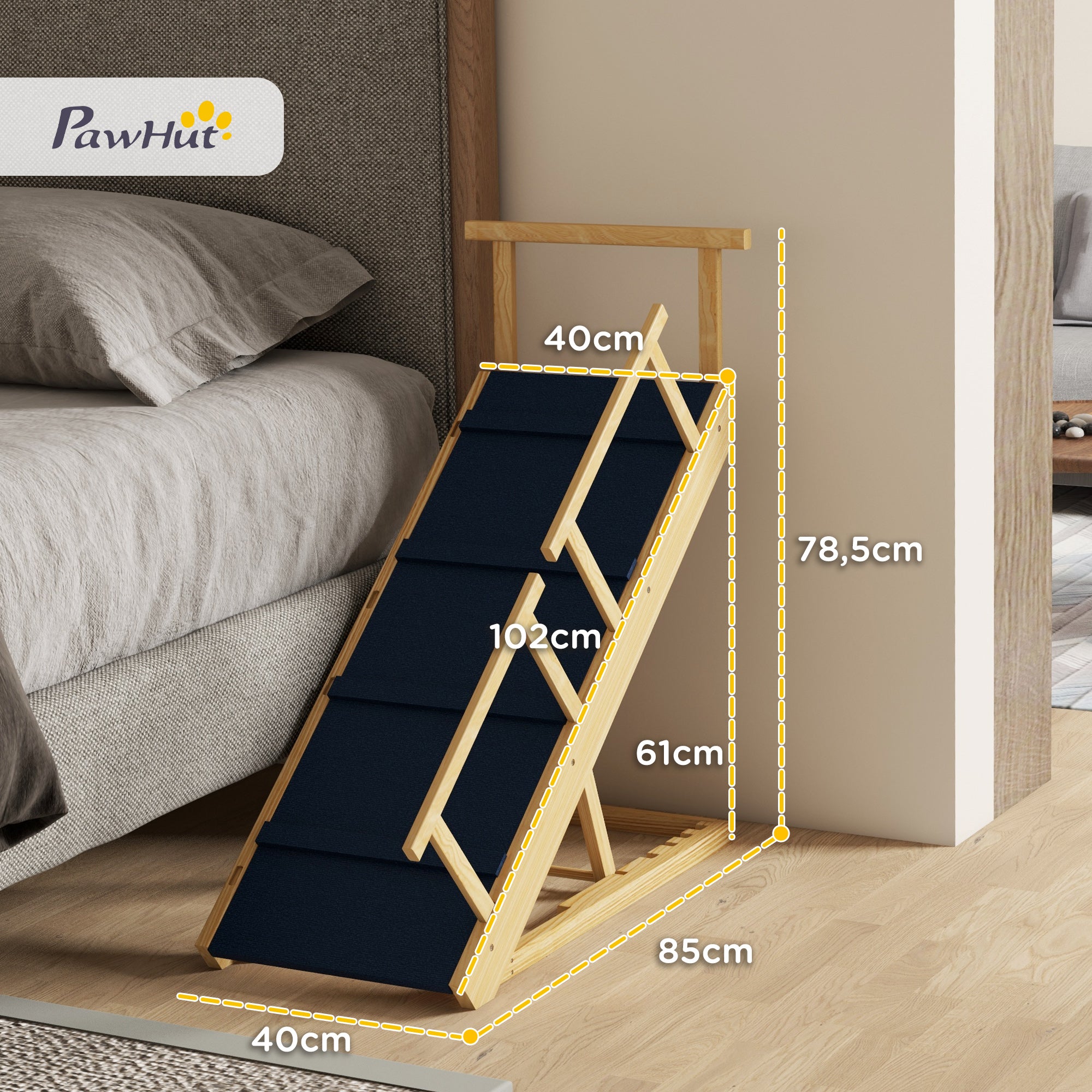 Dog Ramp Foldable Pet Ramp with Removable Railings, Non-Slip Dog Step Aid for Pets up to 40 kg, 85 x 40 x 78.5 cm, Natural