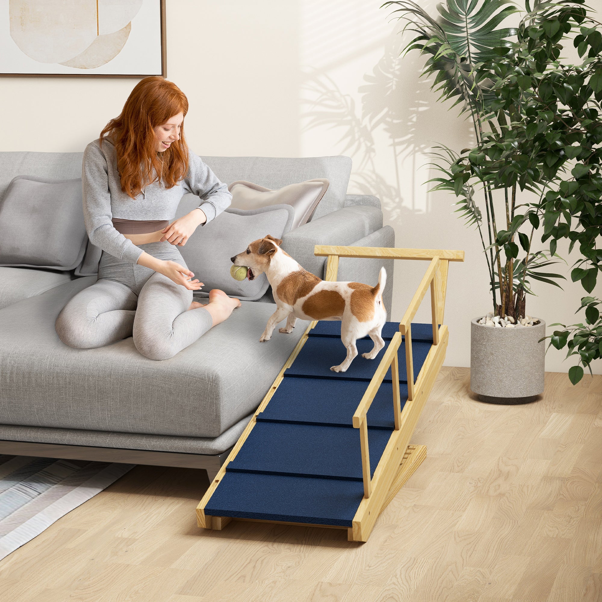 Dog Ramp Foldable Pet Ramp with Removable Railings, Non-Slip Dog Step Aid for Pets up to 40 kg, 85 x 40 x 78.5 cm, Natural