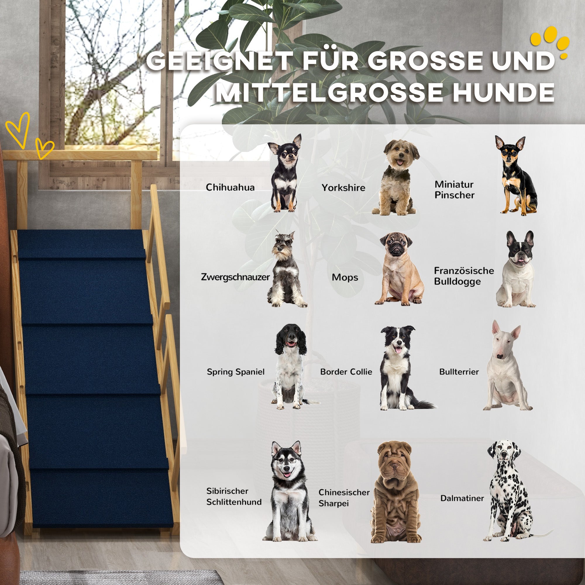 Dog Ramp Foldable Pet Ramp with Removable Railings, Non-Slip Dog Step Aid for Pets up to 40 kg, 85 x 40 x 78.5 cm, Natural