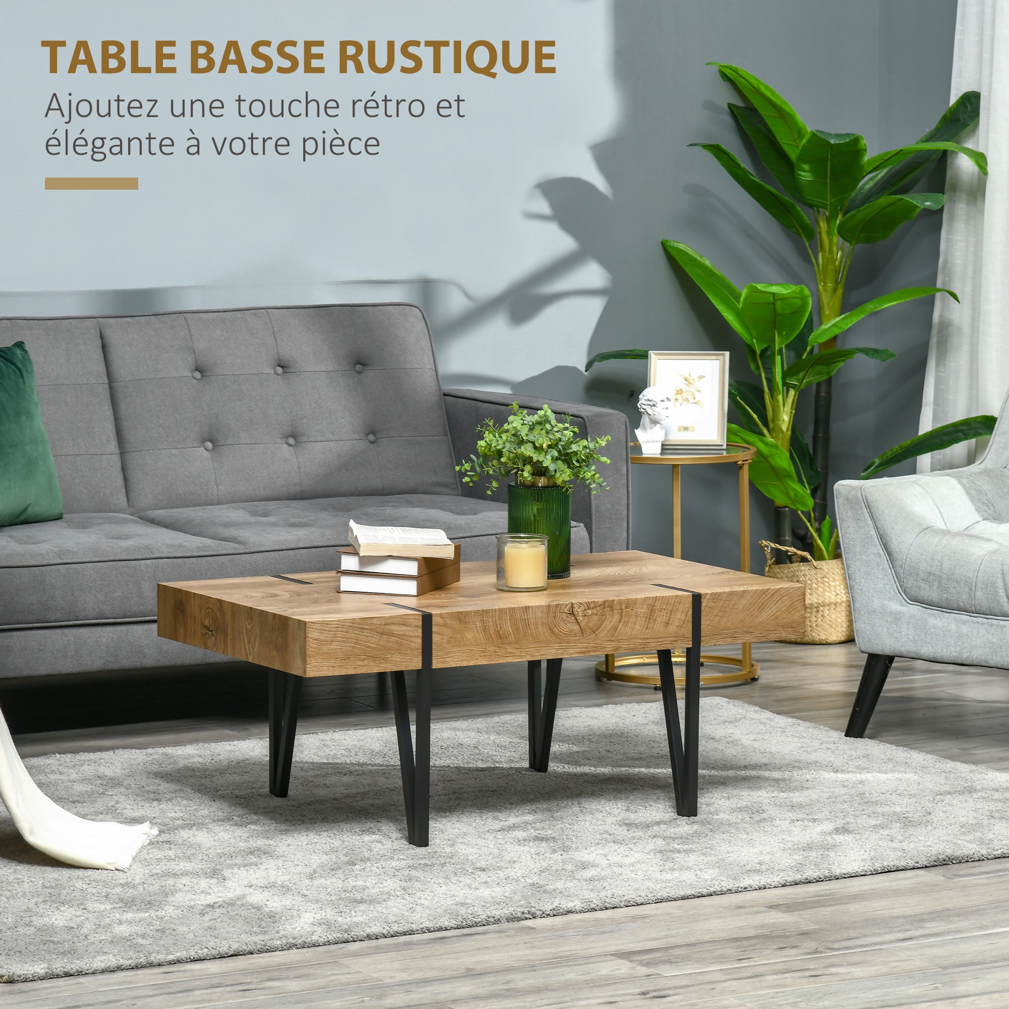 Rectangular Coffee Table Industrial Style Black Metal Hairpin Legs Old Beam Wood Look Tabletop