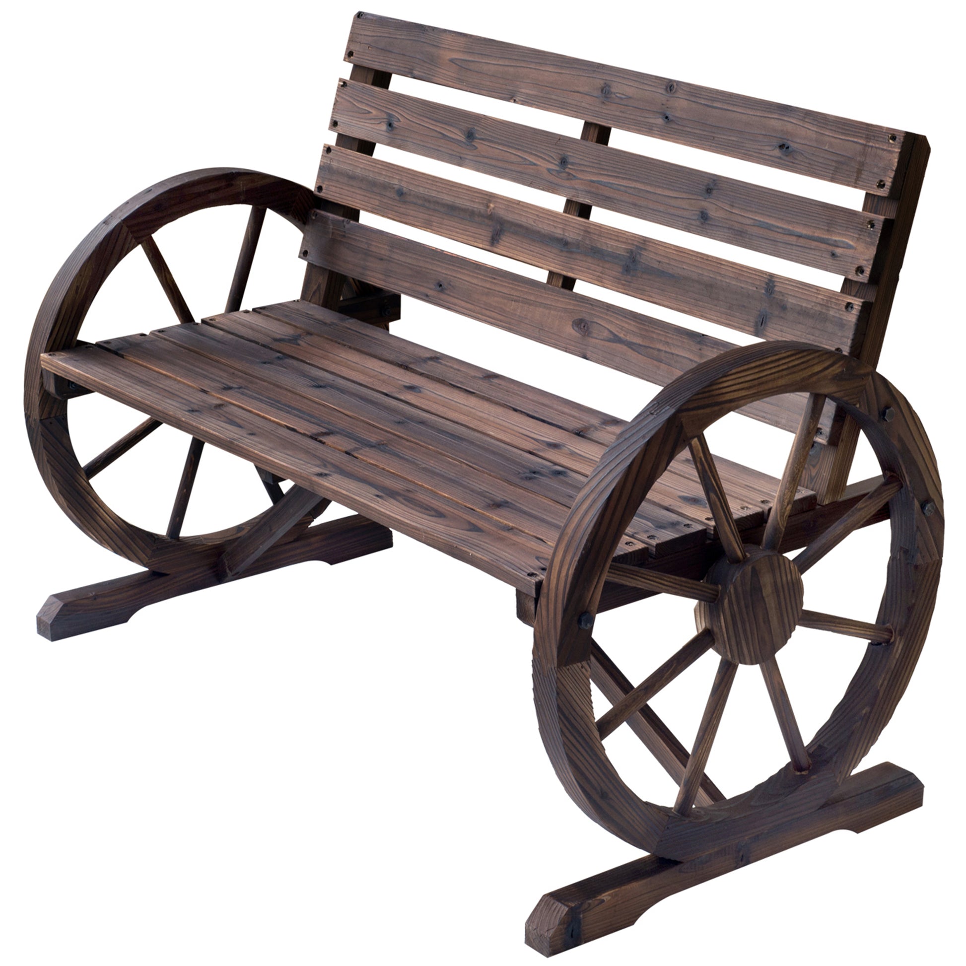 Outdoor Wooden Bench with Cartwheel Shaped Armrests Aged Look Garden Balcony Terrace 105.5x59x75 cm Rustic Brown