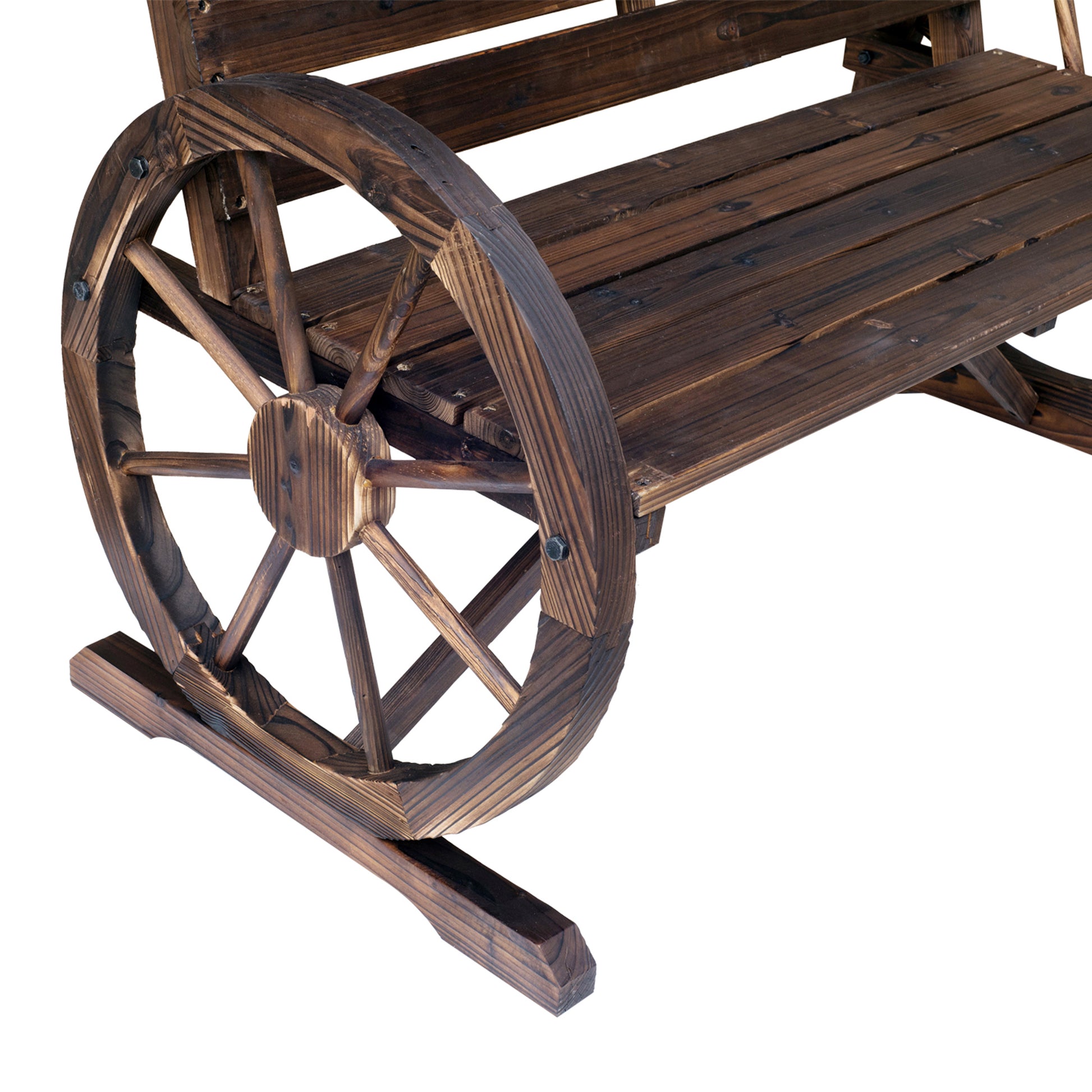 Outdoor Wooden Bench with Cartwheel Shaped Armrests Aged Look Garden Balcony Terrace 105.5x59x75 cm Rustic Brown
