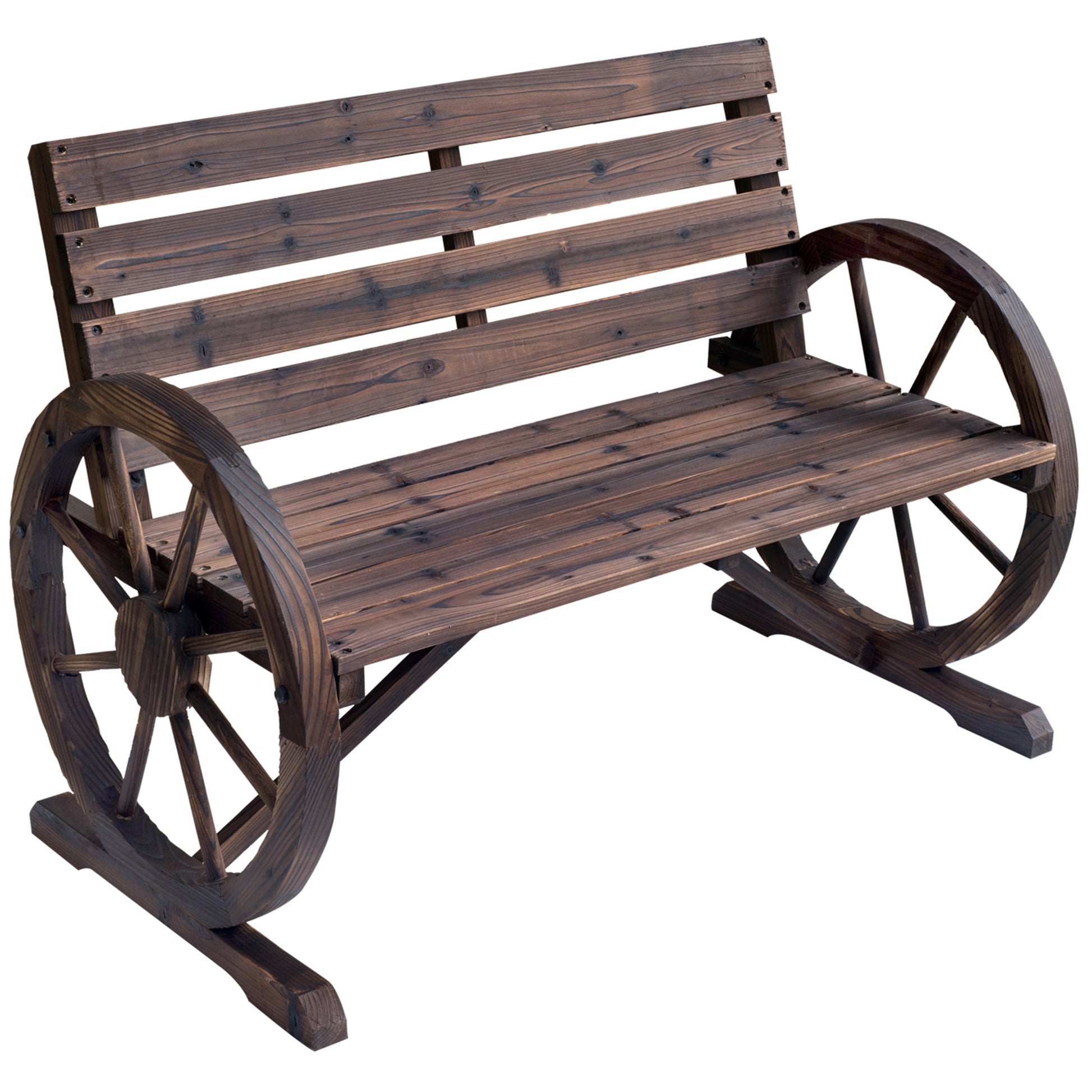 Outdoor Wooden Bench with Cartwheel Shaped Armrests Aged Look Garden Balcony Terrace 105.5x59x75 cm Rustic Brown