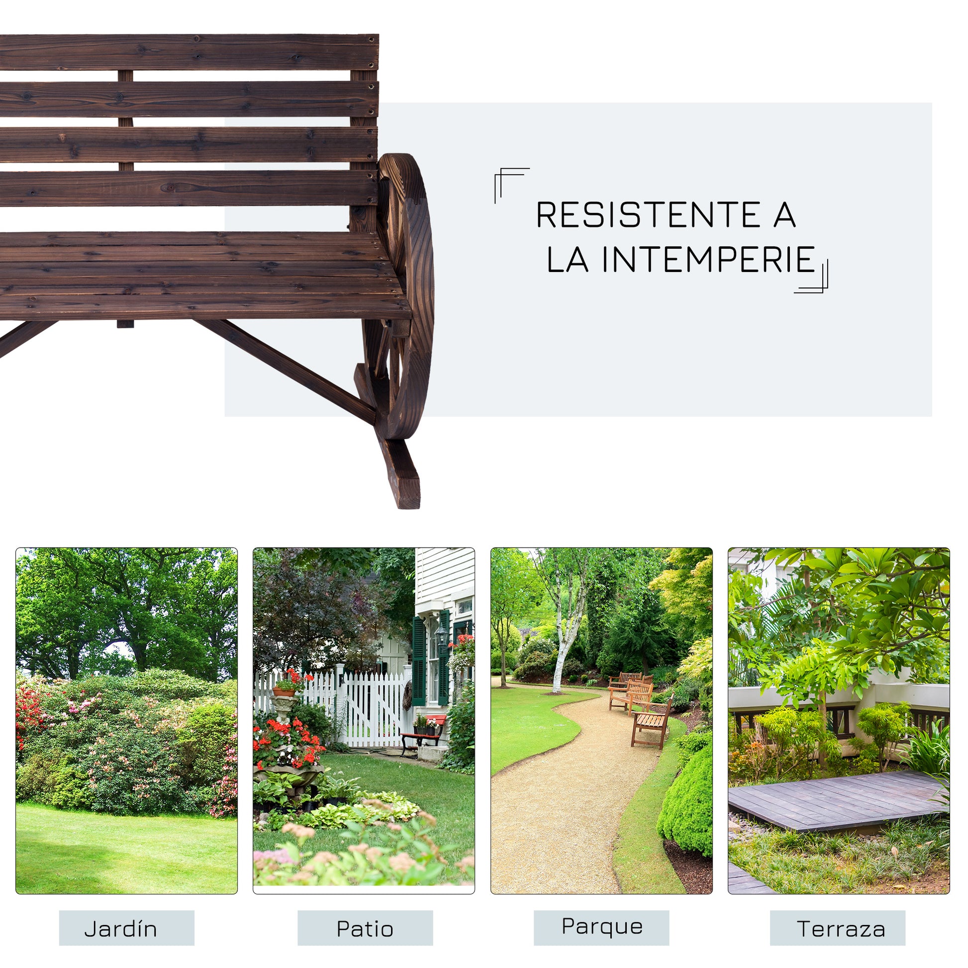 Outdoor Wooden Bench with Cartwheel Shaped Armrests Aged Look Garden Balcony Terrace 105.5x59x75 cm Rustic Brown