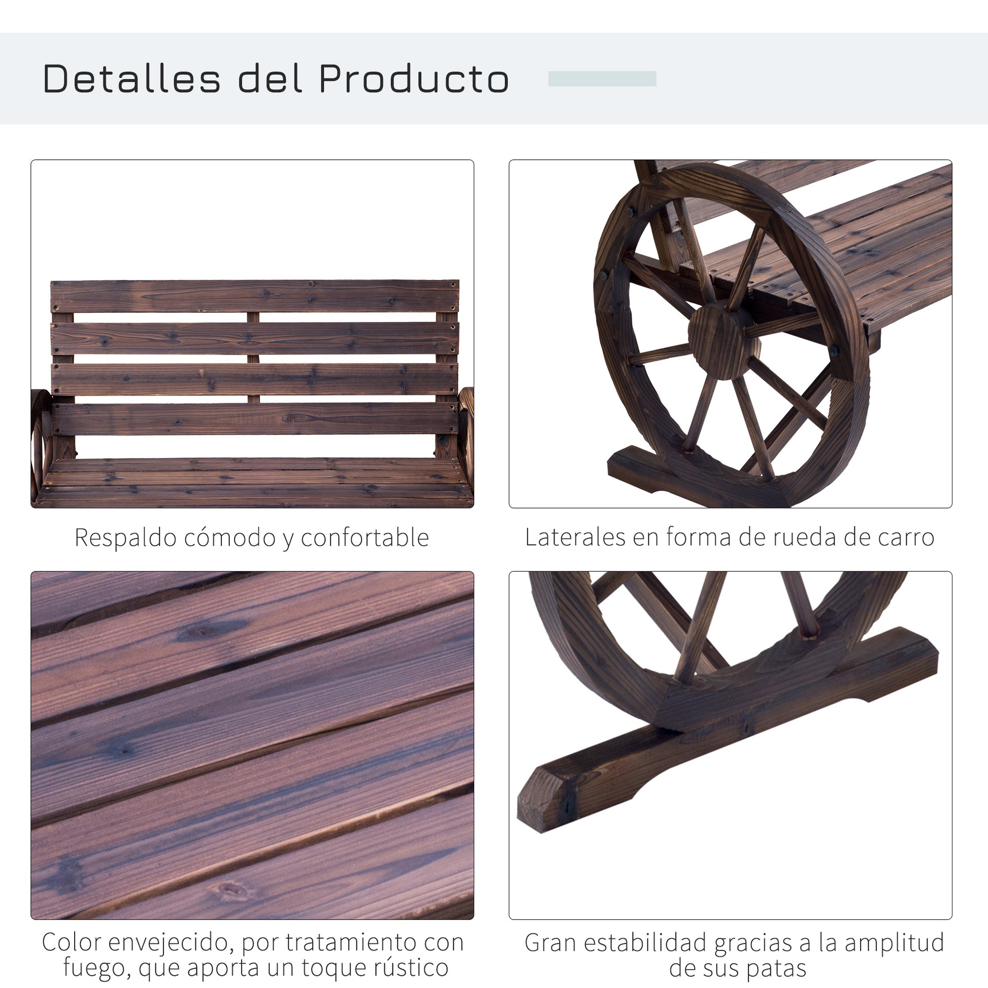 Outdoor Wooden Bench with Cartwheel Shaped Armrests Aged Look Garden Balcony Terrace 105.5x59x75 cm Rustic Brown
