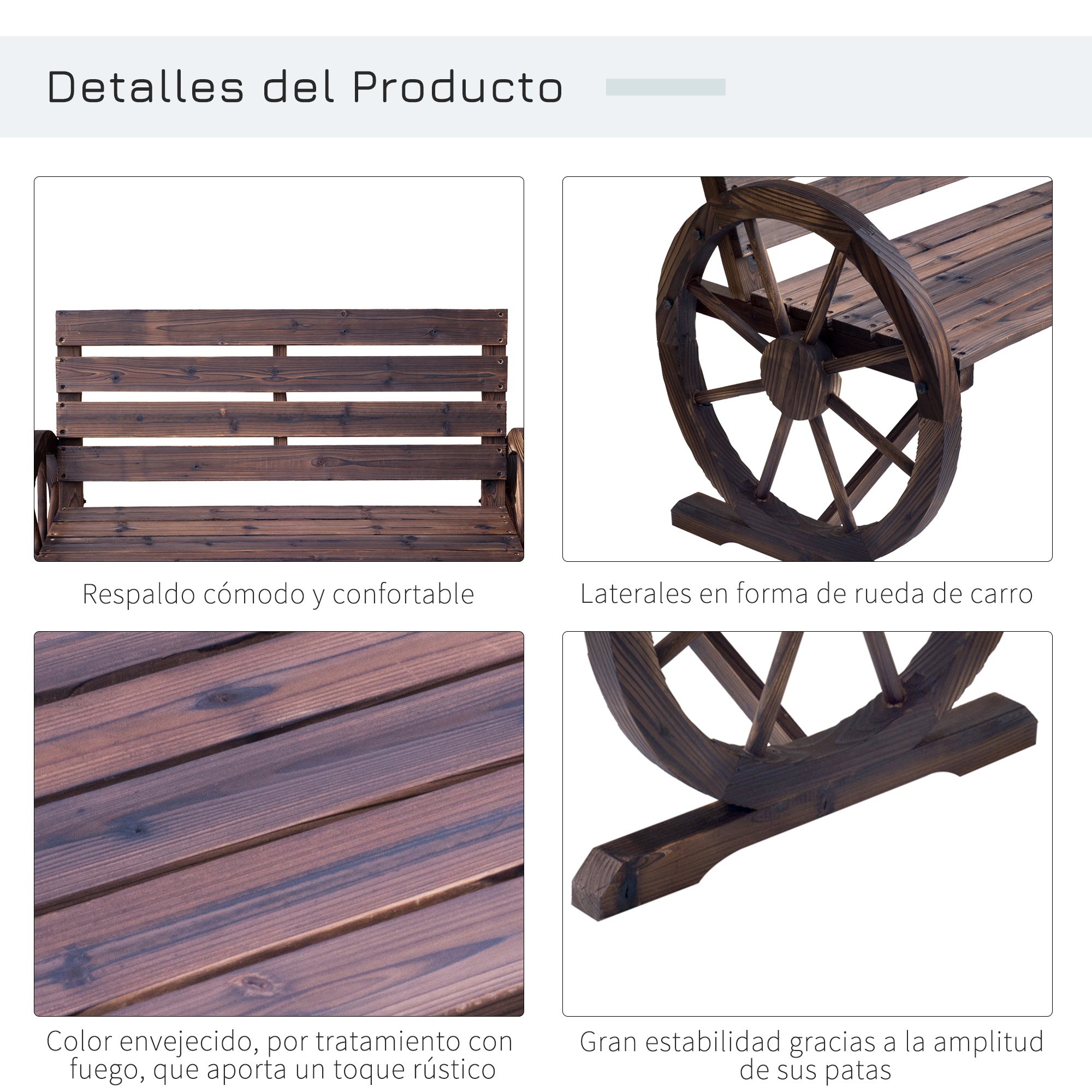 Outdoor Wooden Bench with Cartwheel Shaped Armrests Aged Look Garden Balcony Terrace 105.5x59x75 cm Rustic Brown