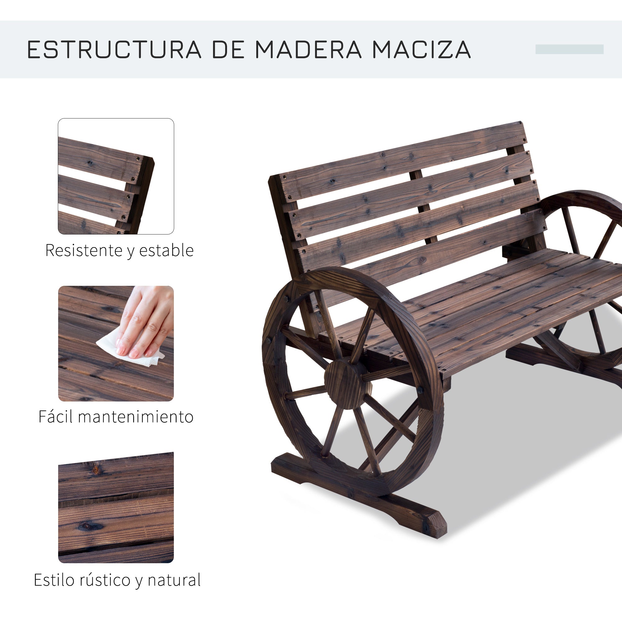 Outdoor Wooden Bench with Cartwheel Shaped Armrests Aged Look Garden Balcony Terrace 105.5x59x75 cm Rustic Brown