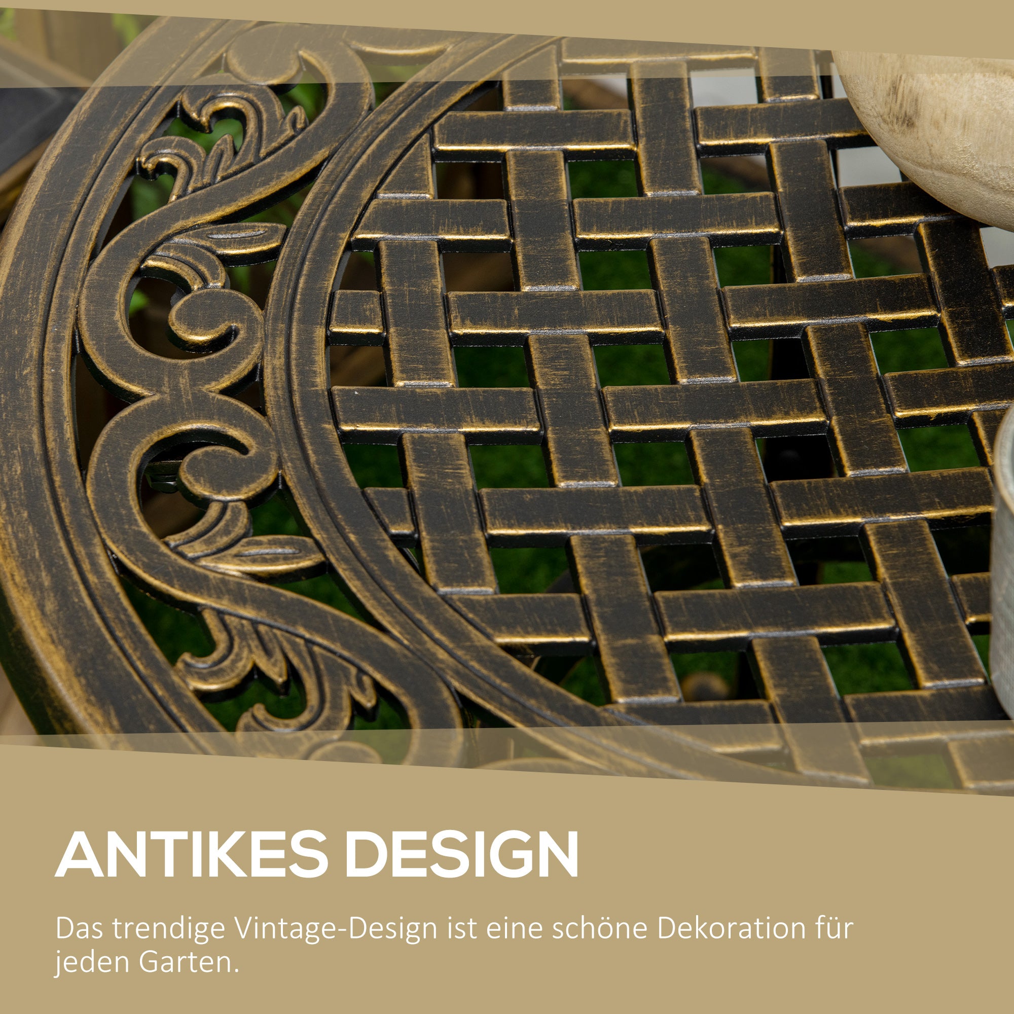 Round Outdoor Side Table, Cast Aluminum Frame, Ø60 x H52.5 cm (Ø24 x 20.7 in), 60 kg (132 lb) Capacity — Bronze