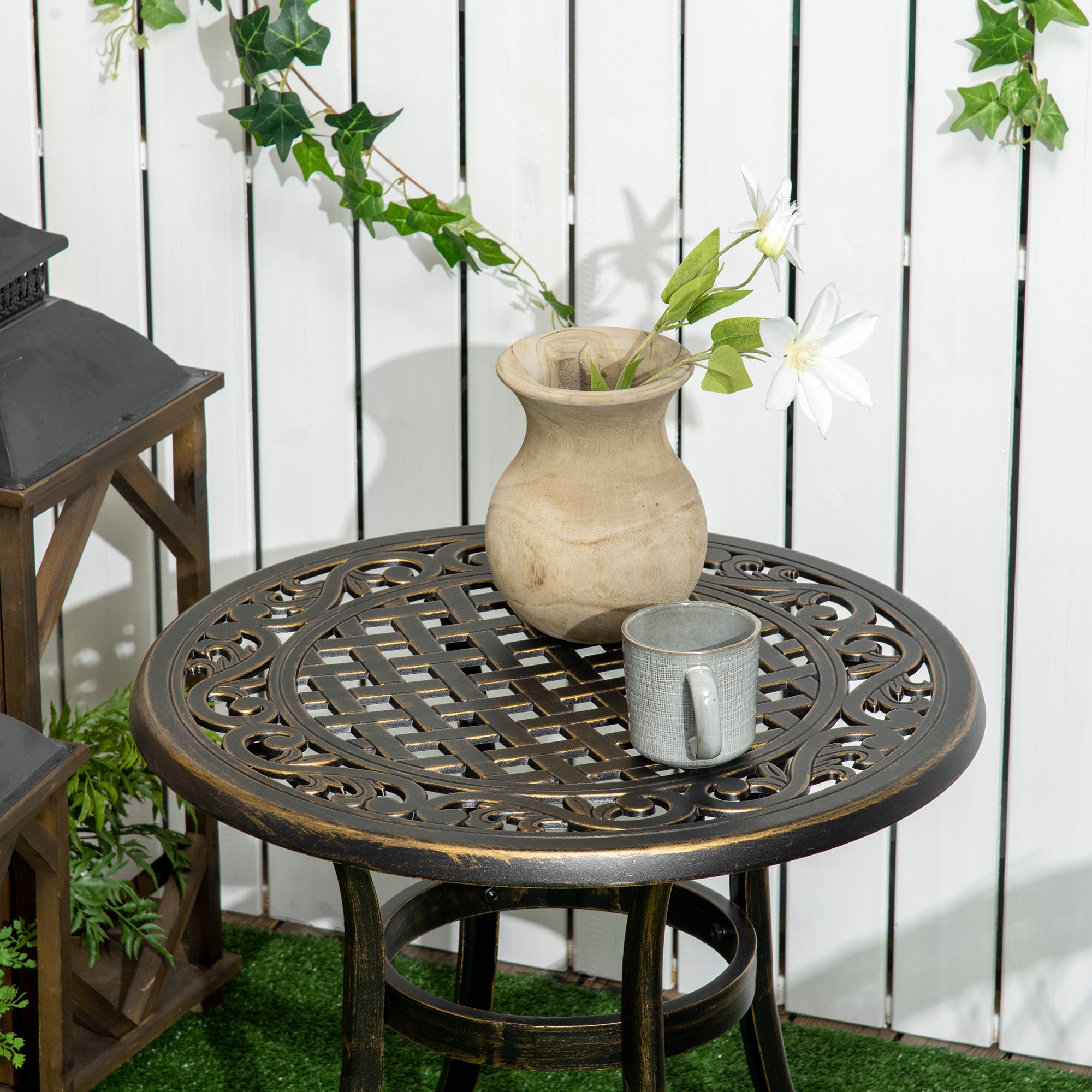 Round Outdoor Side Table, Cast Aluminum Frame, Ø60 x H52.5 cm (Ø24 x 20.7 in), 60 kg (132 lb) Capacity — Bronze