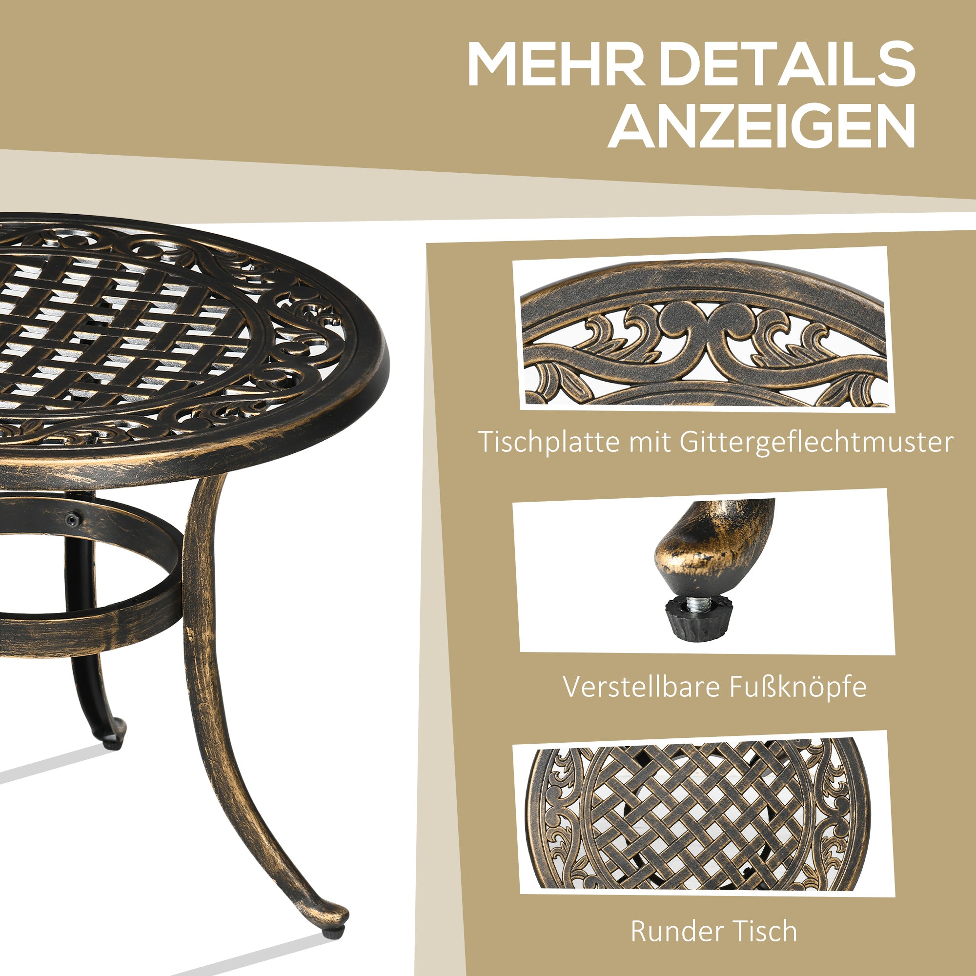 Round Outdoor Side Table, Cast Aluminum Frame, Ø60 x H52.5 cm (Ø24 x 20.7 in), 60 kg (132 lb) Capacity — Bronze