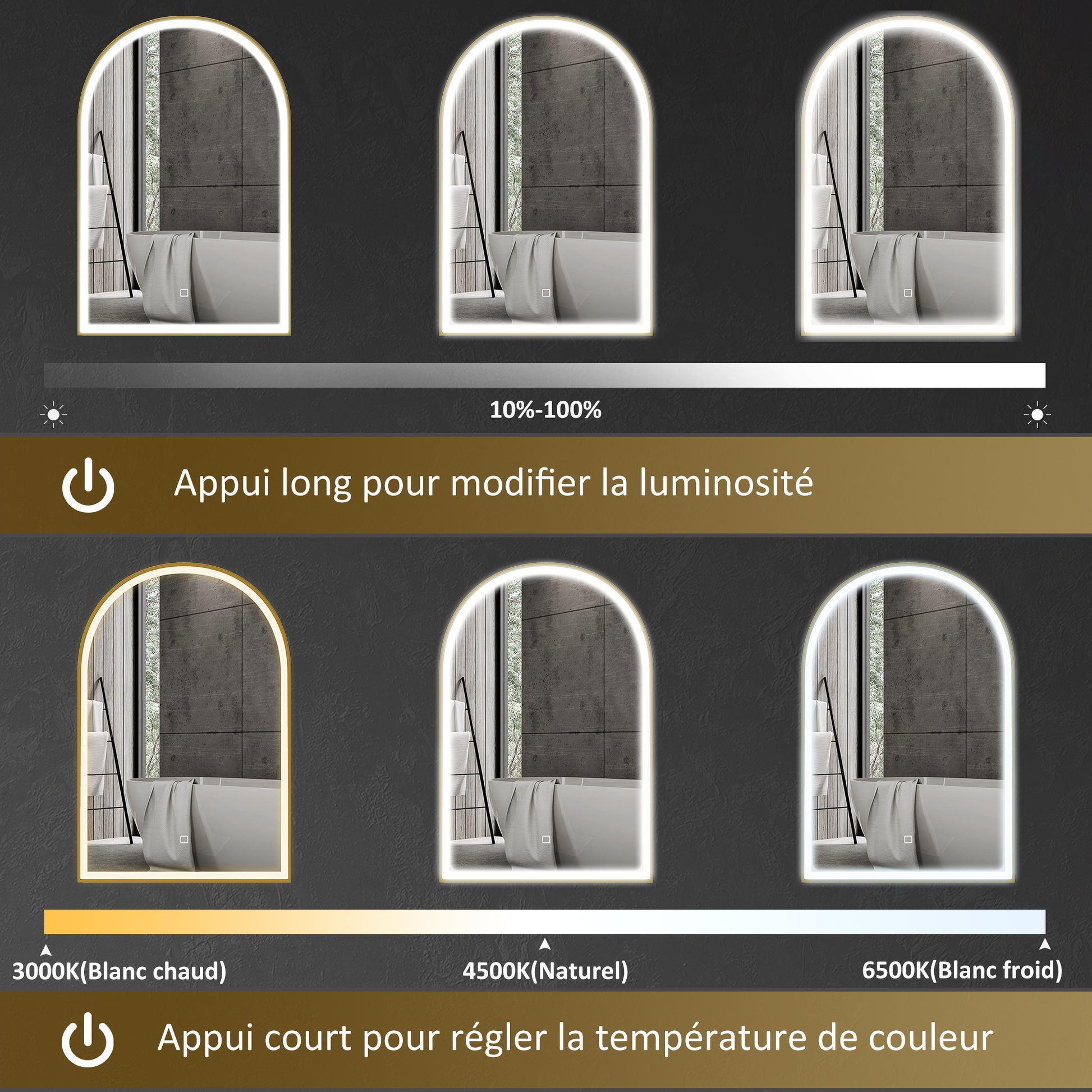 Bathroom Mirror 90 x 60 cm, Arched Wall Mirror, Bathroom Mirror with LED Lighting, Adjustable Light 3 Colors, Anti-fog, Memory, Touch Switch, Aluminum Frame - Gold