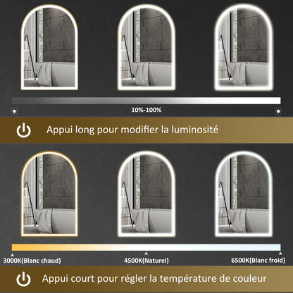 Bathroom Mirror 90 x 60 cm, Arched Wall Mirror, Bathroom Mirror with LED Lighting, Adjustable Light 3 Colors, Anti-fog, Memory, Touch Switch, Aluminum Frame - Gold