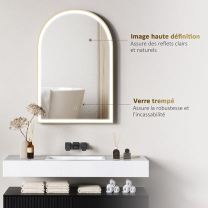 Bathroom Mirror 90 x 60 cm, Arched Wall Mirror, Bathroom Mirror with LED Lighting, Adjustable Light 3 Colors, Anti-fog, Memory, Touch Switch, Aluminum Frame - Gold