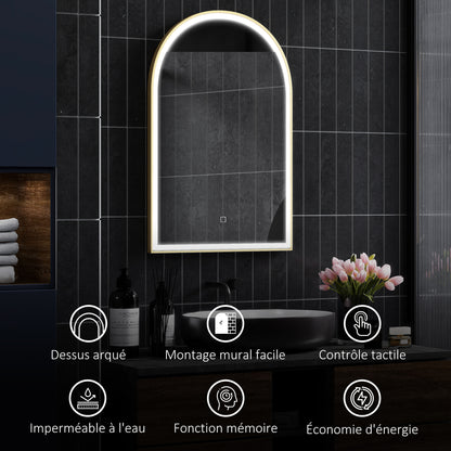 Bathroom Mirror 90 x 60 cm, Arched Wall Mirror, Bathroom Mirror with LED Lighting, Adjustable Light 3 Colors, Anti-fog, Memory, Touch Switch, Aluminum Frame - Gold