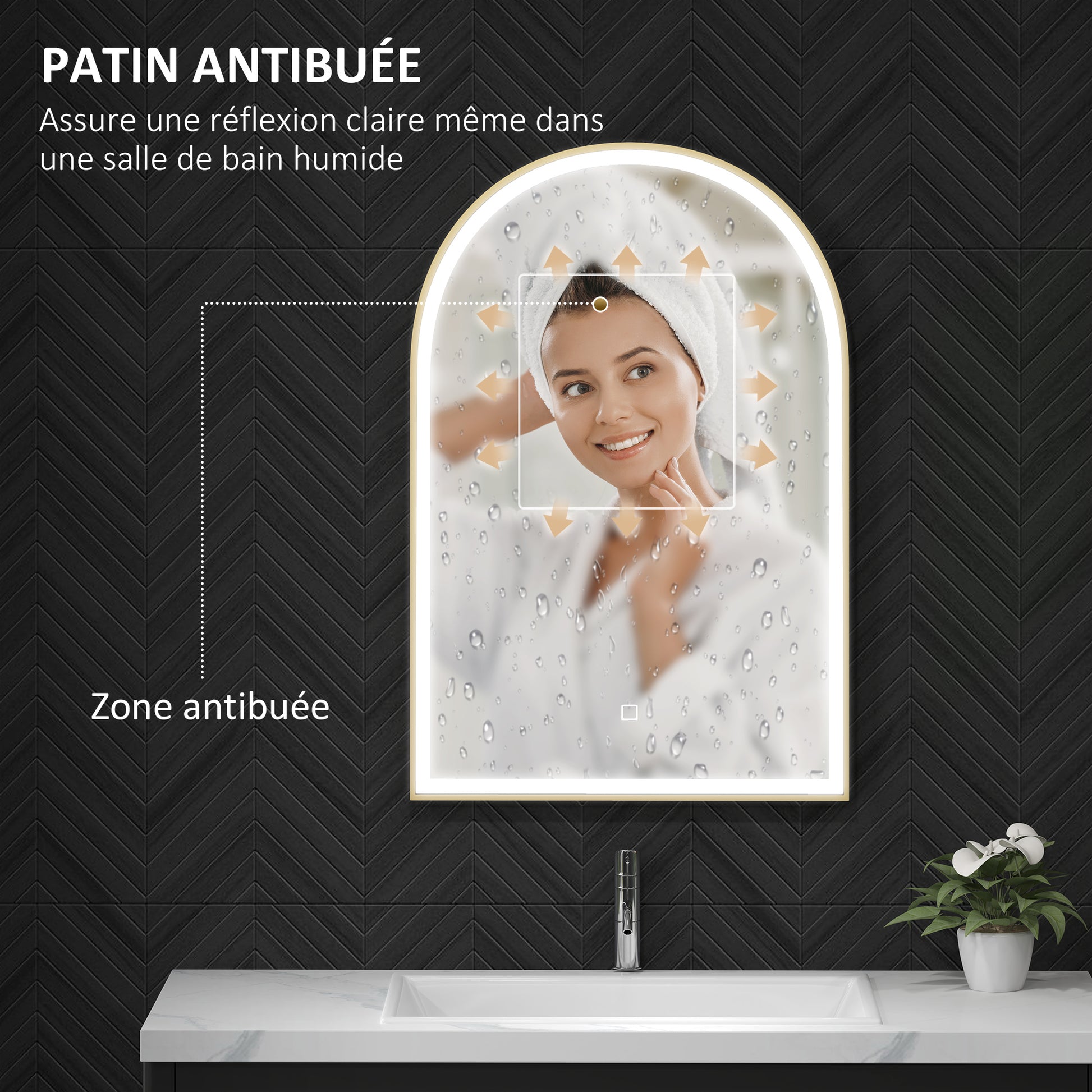 Bathroom Mirror 90 x 60 cm, Arched Wall Mirror, Bathroom Mirror with LED Lighting, Adjustable Light 3 Colors, Anti-fog, Memory, Touch Switch, Aluminum Frame - Gold