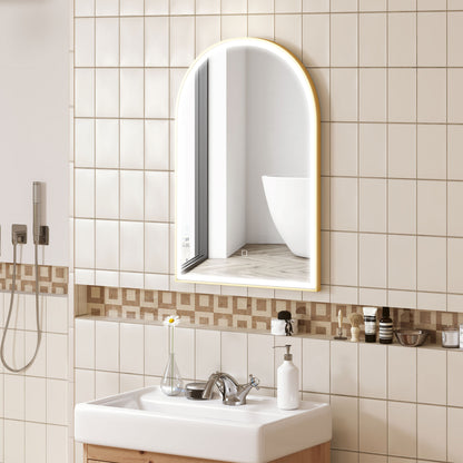 Bathroom Mirror 90 x 60 cm, Arched Wall Mirror, Bathroom Mirror with LED Lighting, Adjustable Light 3 Colors, Anti-fog, Memory, Touch Switch, Aluminum Frame - Gold