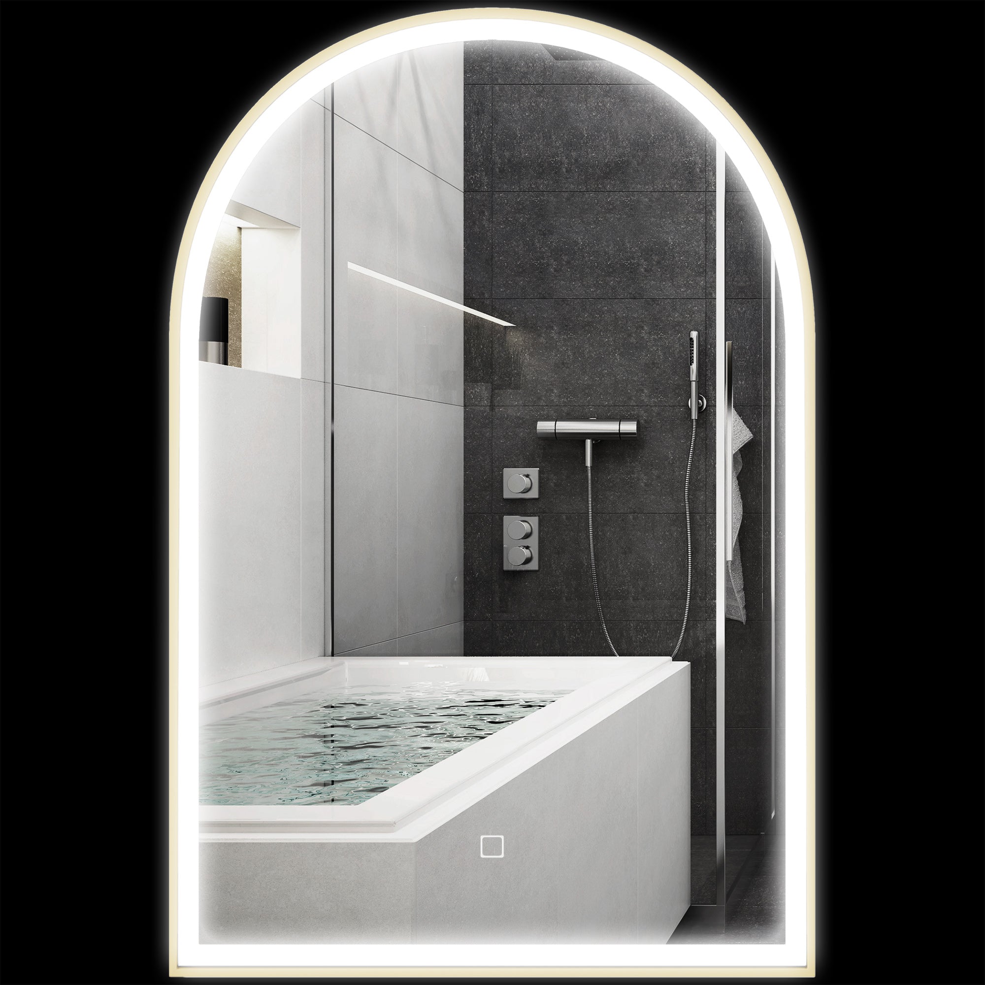 Bathroom Mirror 90 x 60 cm, Arched Wall Mirror, Bathroom Mirror with LED Lighting, Adjustable Light 3 Colors, Anti-fog, Memory, Touch Switch, Aluminum Frame - Gold