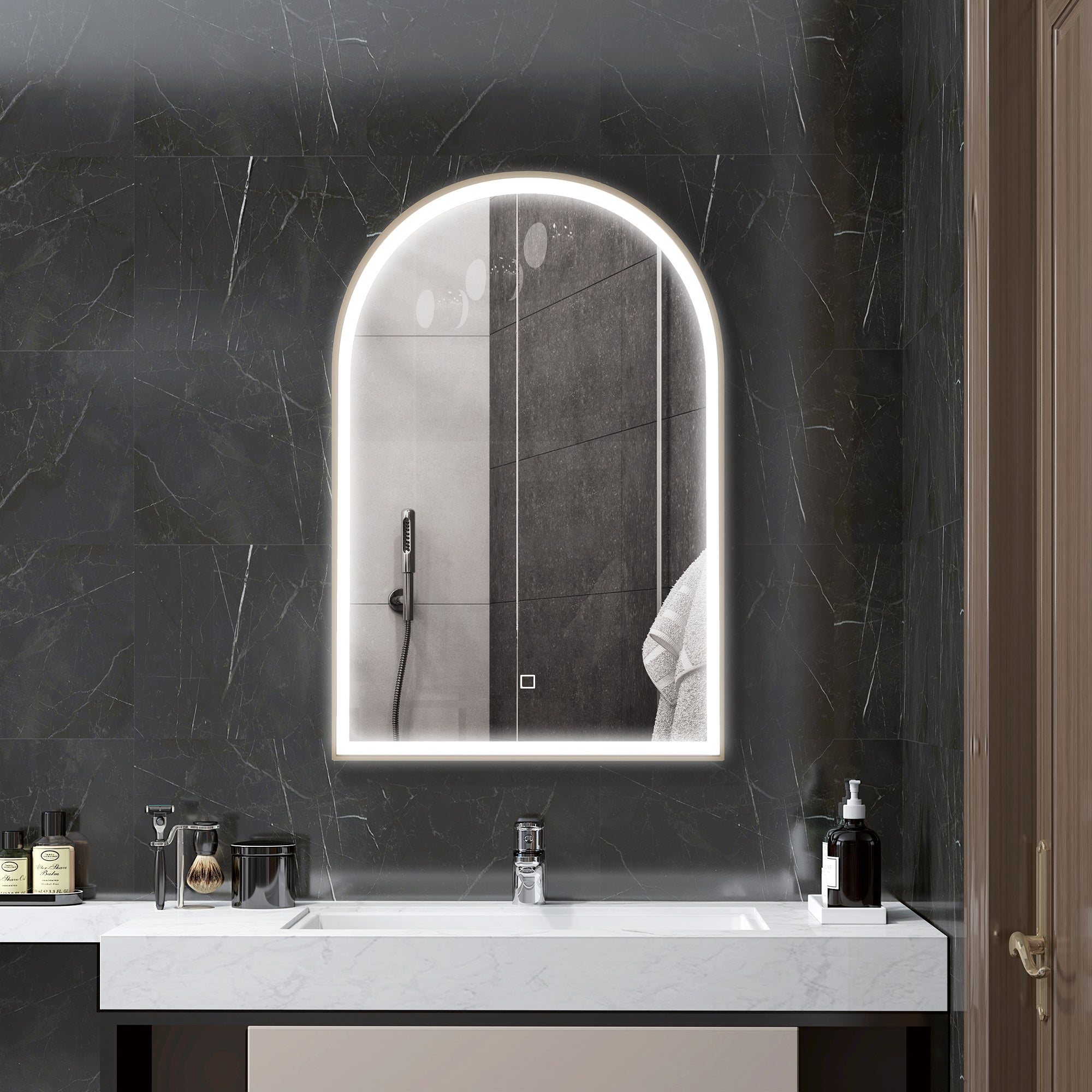 Bathroom Mirror 90 x 60 cm, Arched Wall Mirror, Bathroom Mirror with LED Lighting, Adjustable Light 3 Colors, Anti-fog, Memory, Touch Switch, Aluminum Frame - Gold