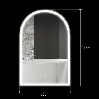 Bathroom Mirror 90 x 60 cm, Arched Wall Mirror, Bathroom Mirror with LED Lighting, Adjustable Light 3 Colors, Anti-fog, Memory, Touch Switch, Aluminum Frame - Gold