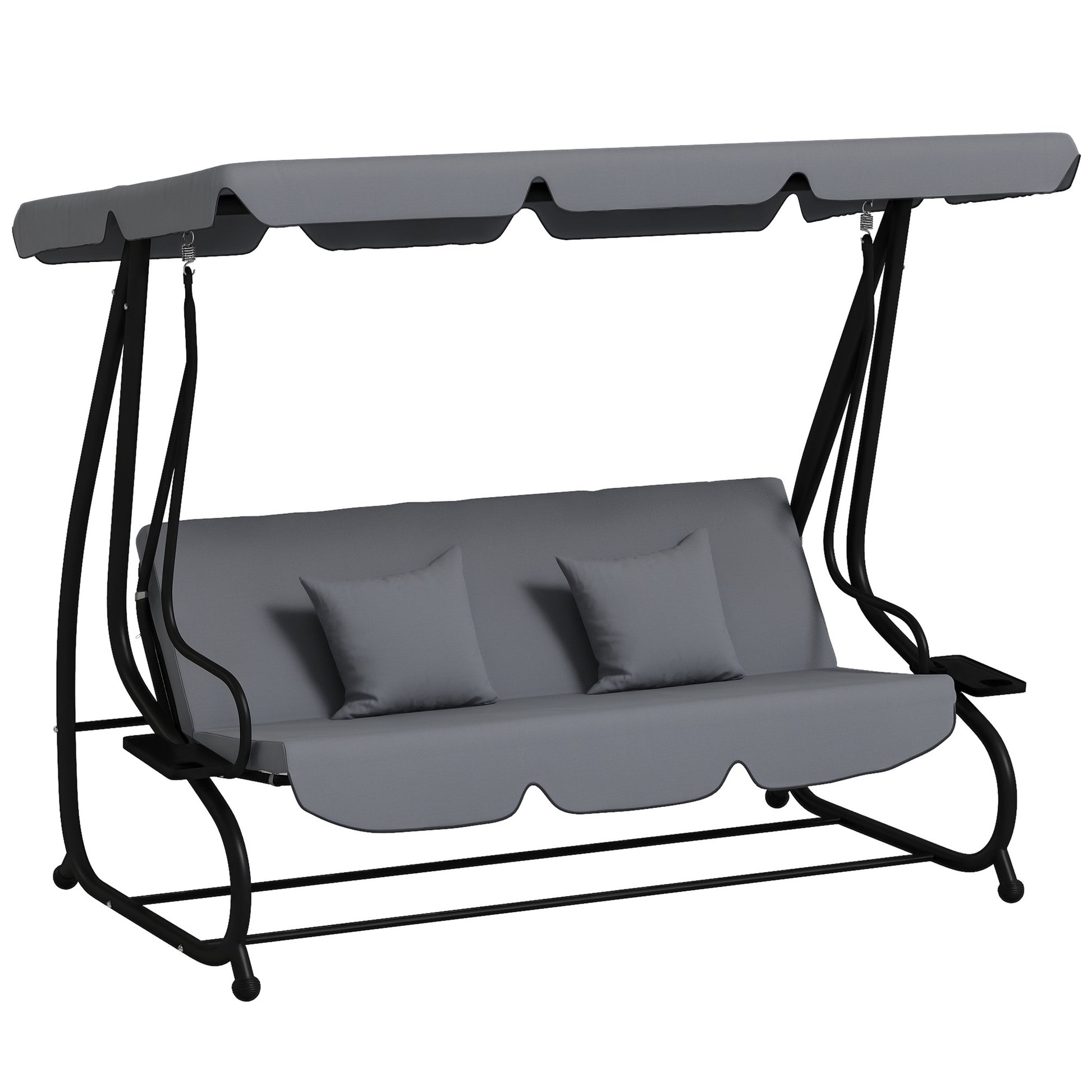 3 Seater Garden Swing Convertible Adjustable Roof 2 Side Shelves Support 2L x 1.2W x 1.64H m Epoxy Metal Black Dark Gray Polyester