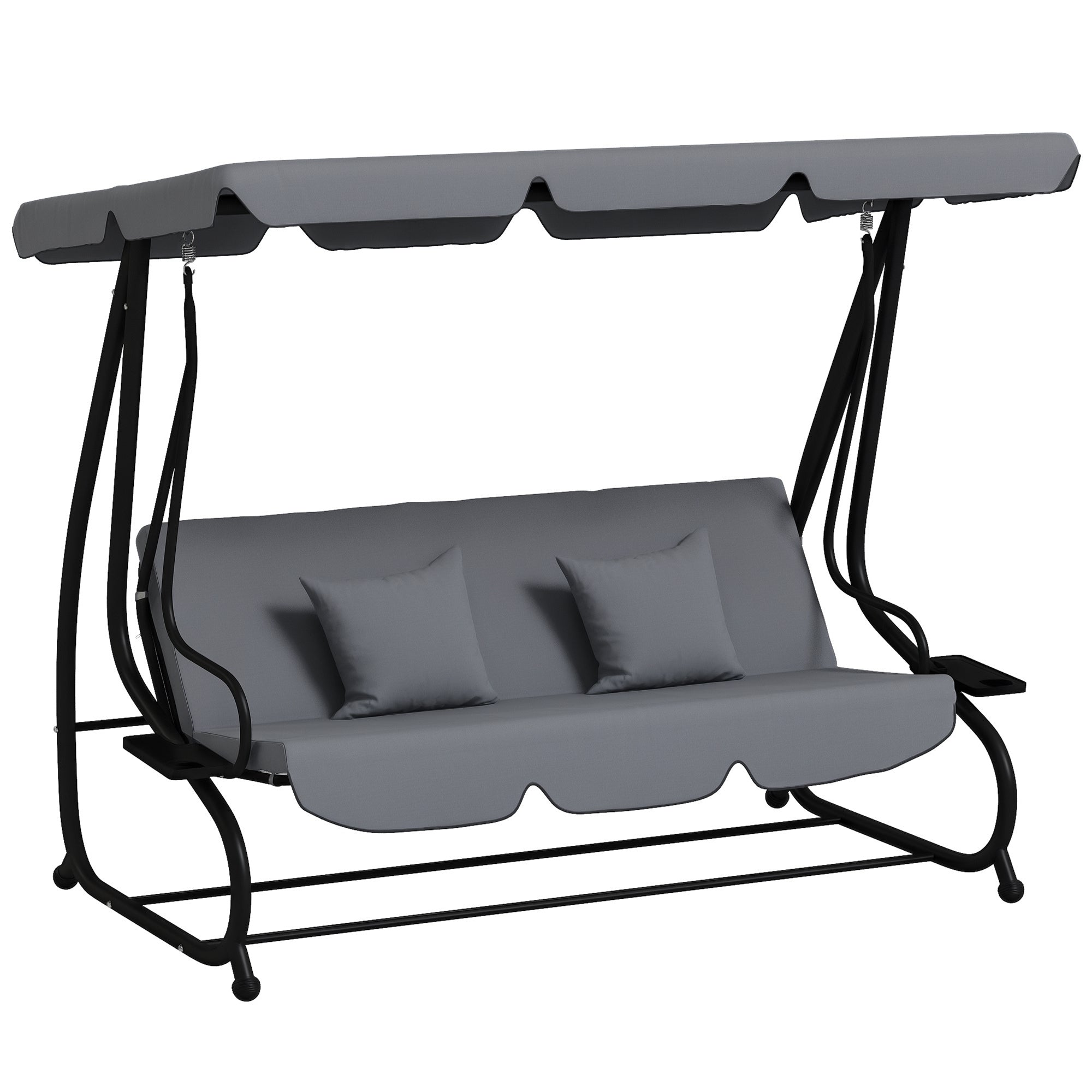 3 Seater Garden Swing Convertible Adjustable Roof 2 Side Shelves Support 2L x 1.2W x 1.64H m Epoxy Metal Black Dark Gray Polyester