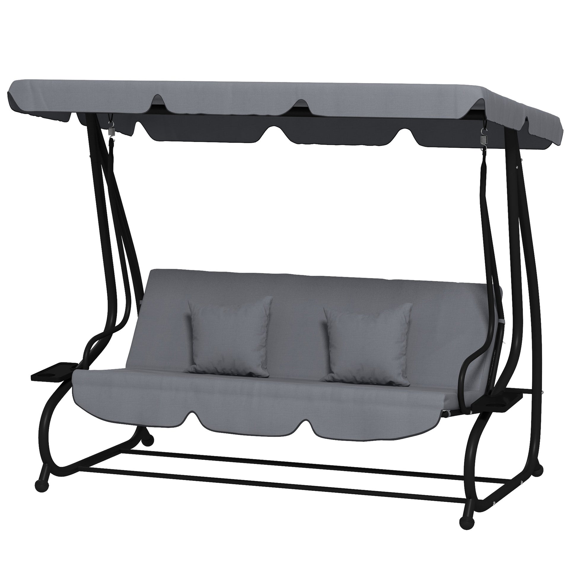 3 Seater Garden Swing Convertible Adjustable Roof 2 Side Shelves Support 2L x 1.2W x 1.64H m Epoxy Metal Black Dark Gray Polyester