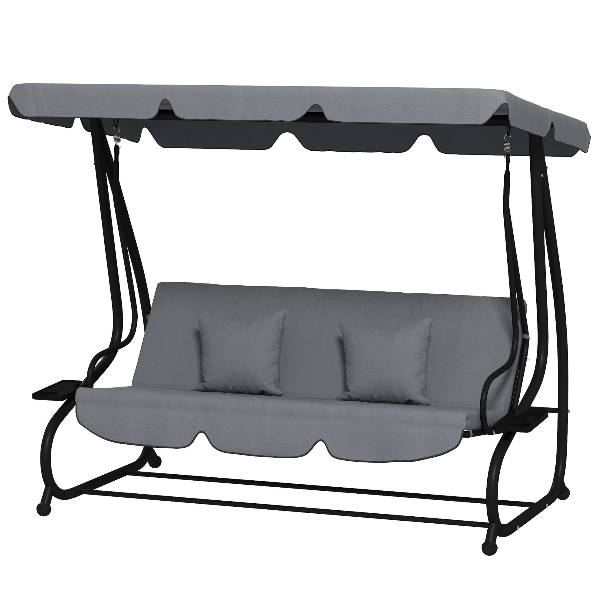 3 Seater Garden Swing Convertible Adjustable Roof 2 Side Shelves Support 2L x 1.2W x 1.64H m Epoxy Metal Black Dark Gray Polyester