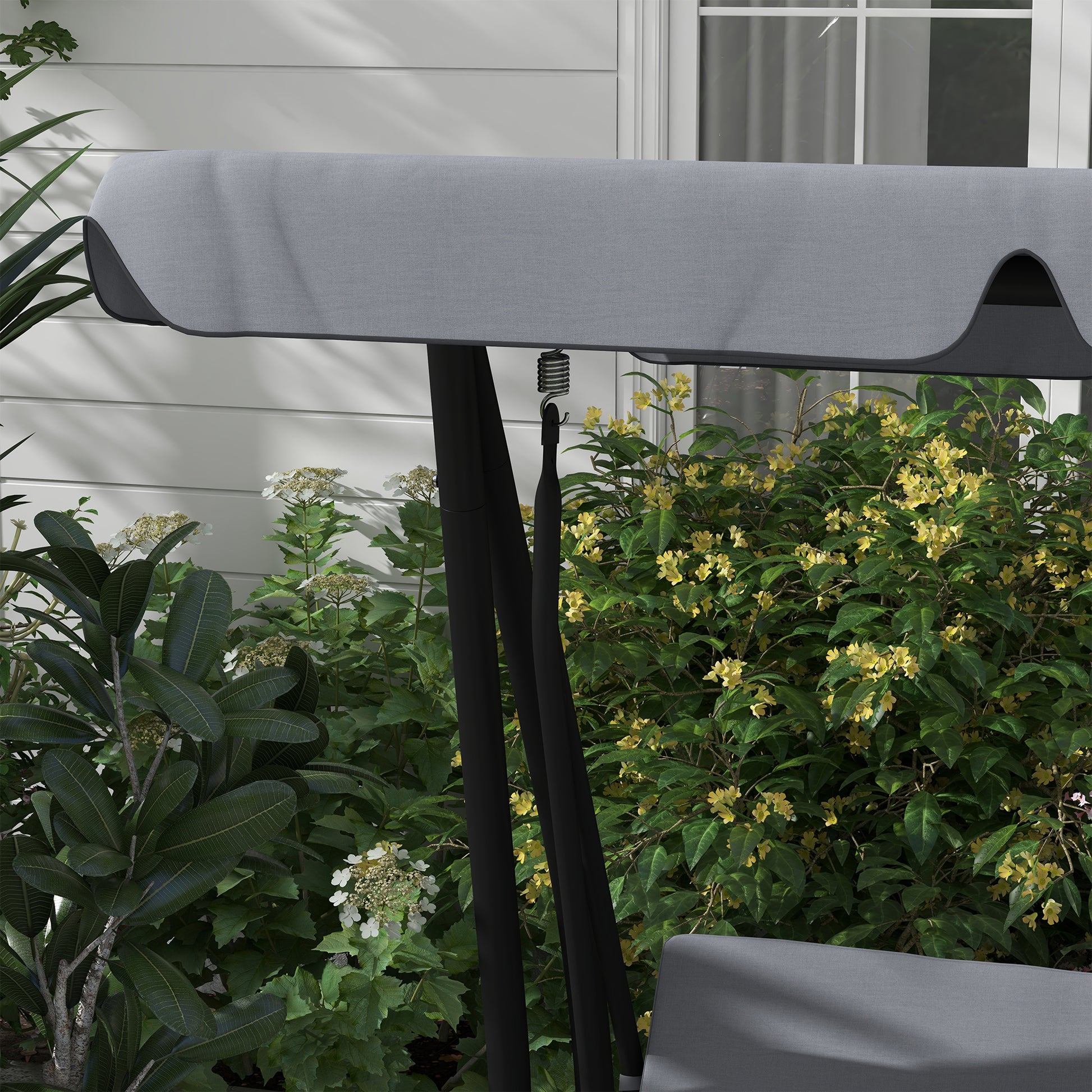 3 Seater Garden Swing Convertible Adjustable Roof 2 Side Shelves Support 2L x 1.2W x 1.64H m Epoxy Metal Black Dark Gray Polyester