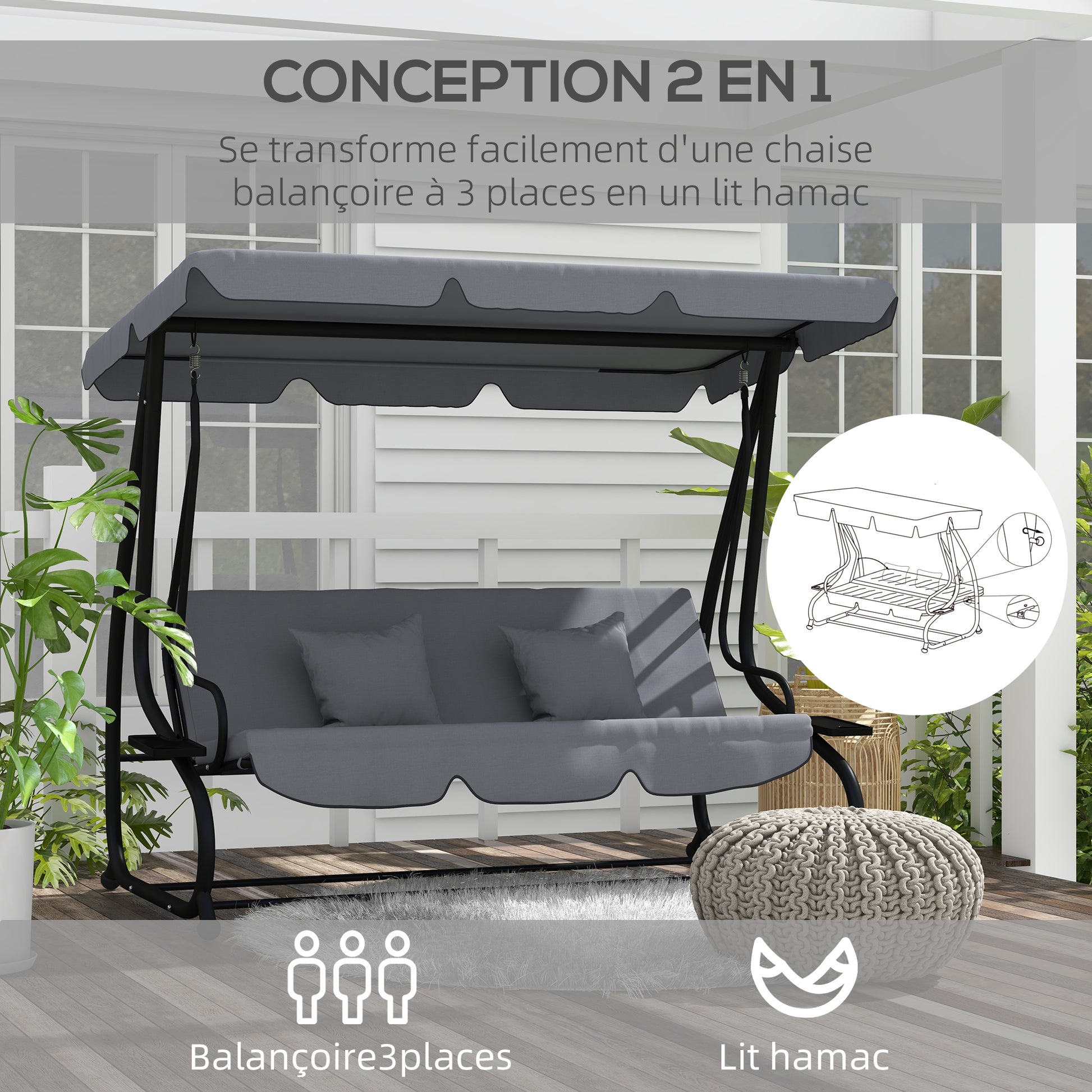 3 Seater Garden Swing Convertible Adjustable Roof 2 Side Shelves Support 2L x 1.2W x 1.64H m Epoxy Metal Black Dark Gray Polyester