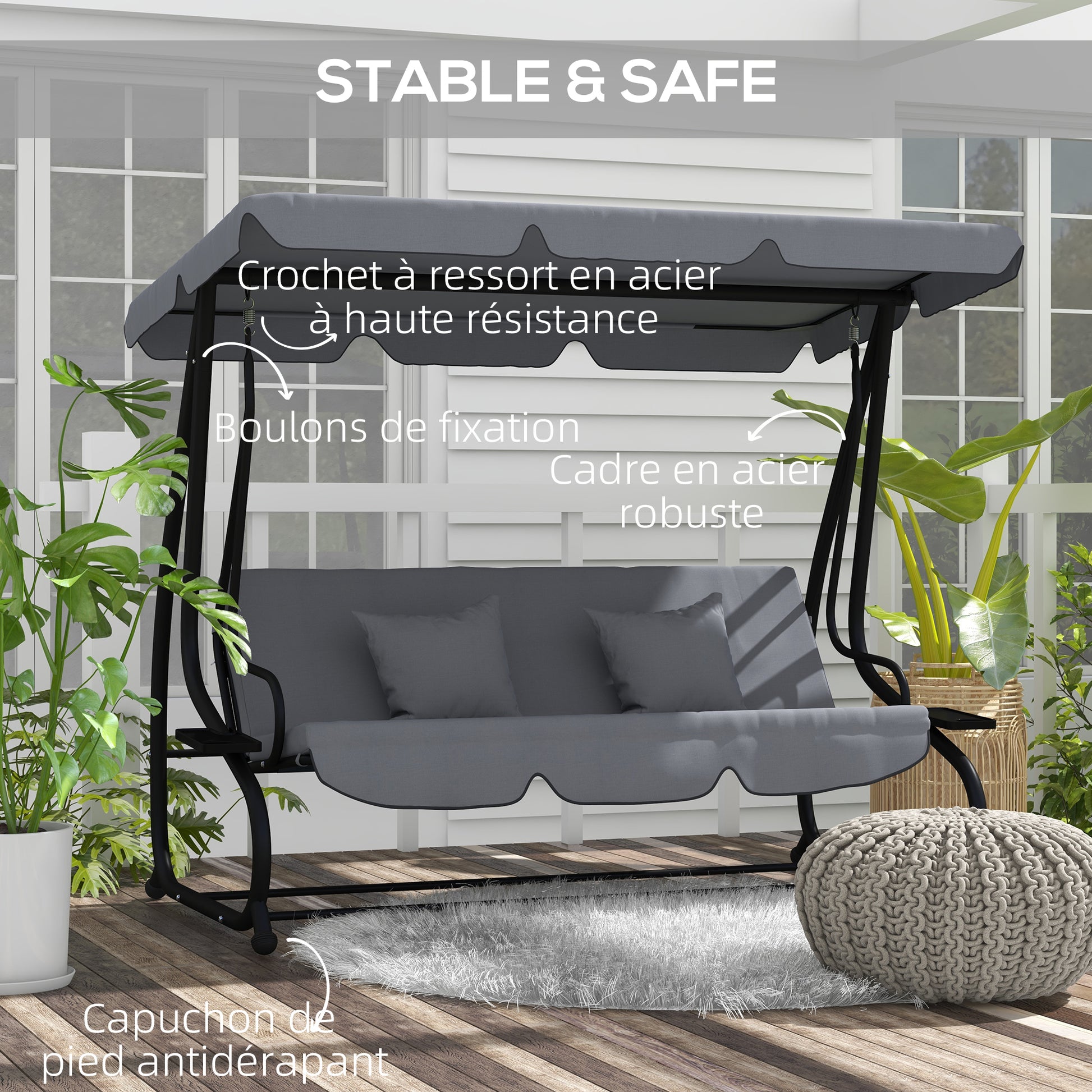 3 Seater Garden Swing Convertible Adjustable Roof 2 Side Shelves Support 2L x 1.2W x 1.64H m Epoxy Metal Black Dark Gray Polyester