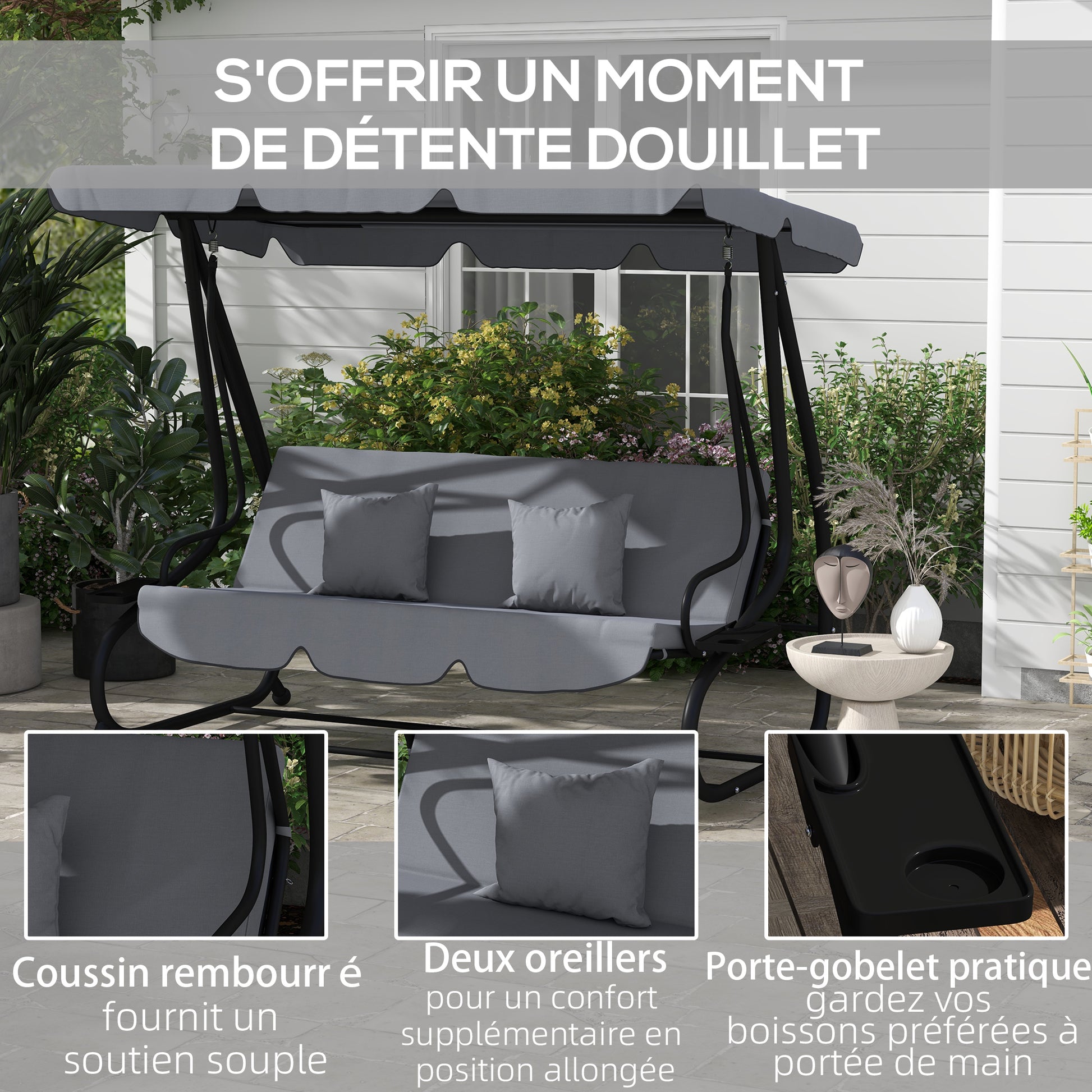 3 Seater Garden Swing Convertible Adjustable Roof 2 Side Shelves Support 2L x 1.2W x 1.64H m Epoxy Metal Black Dark Gray Polyester