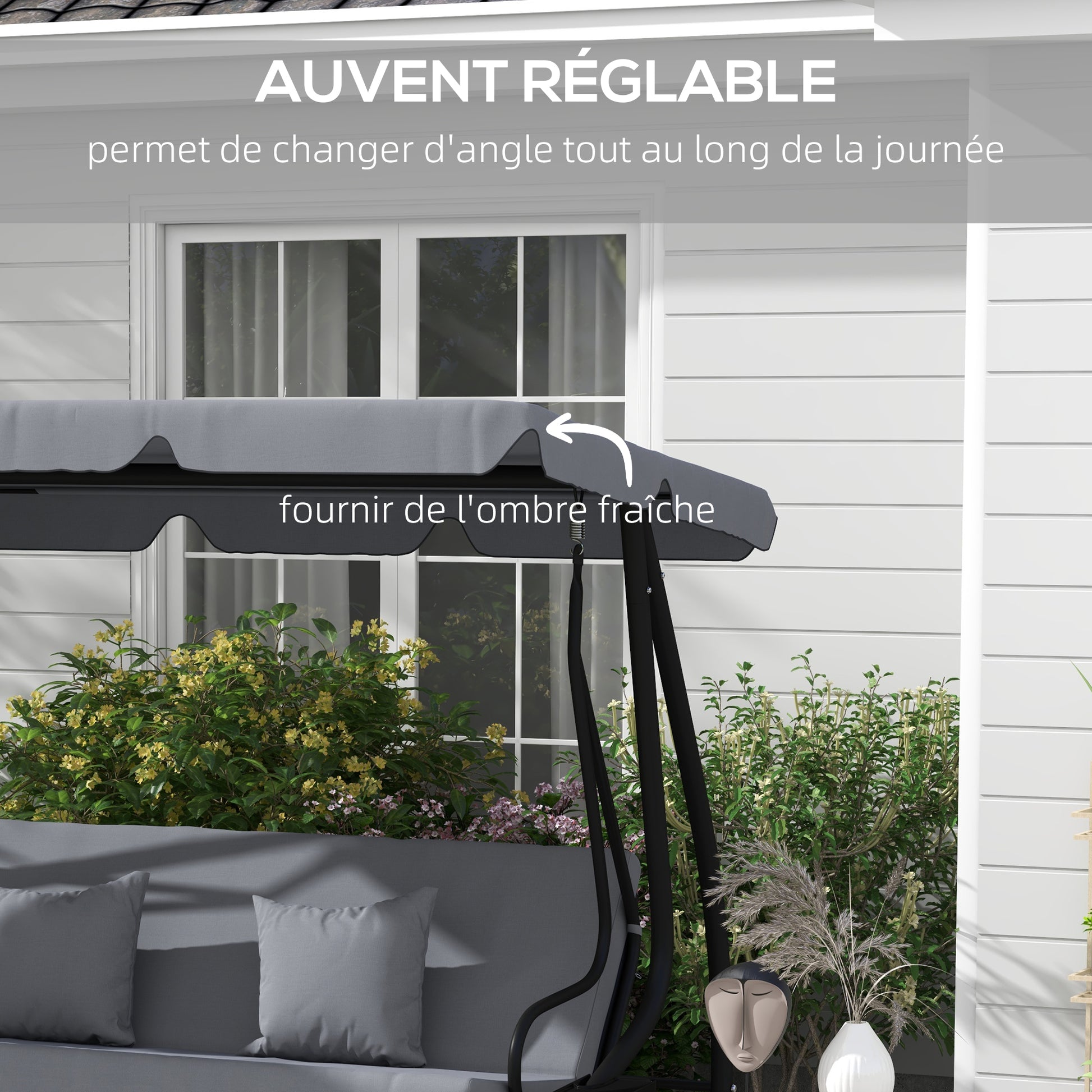 3 Seater Garden Swing Convertible Adjustable Roof 2 Side Shelves Support 2L x 1.2W x 1.64H m Epoxy Metal Black Dark Gray Polyester