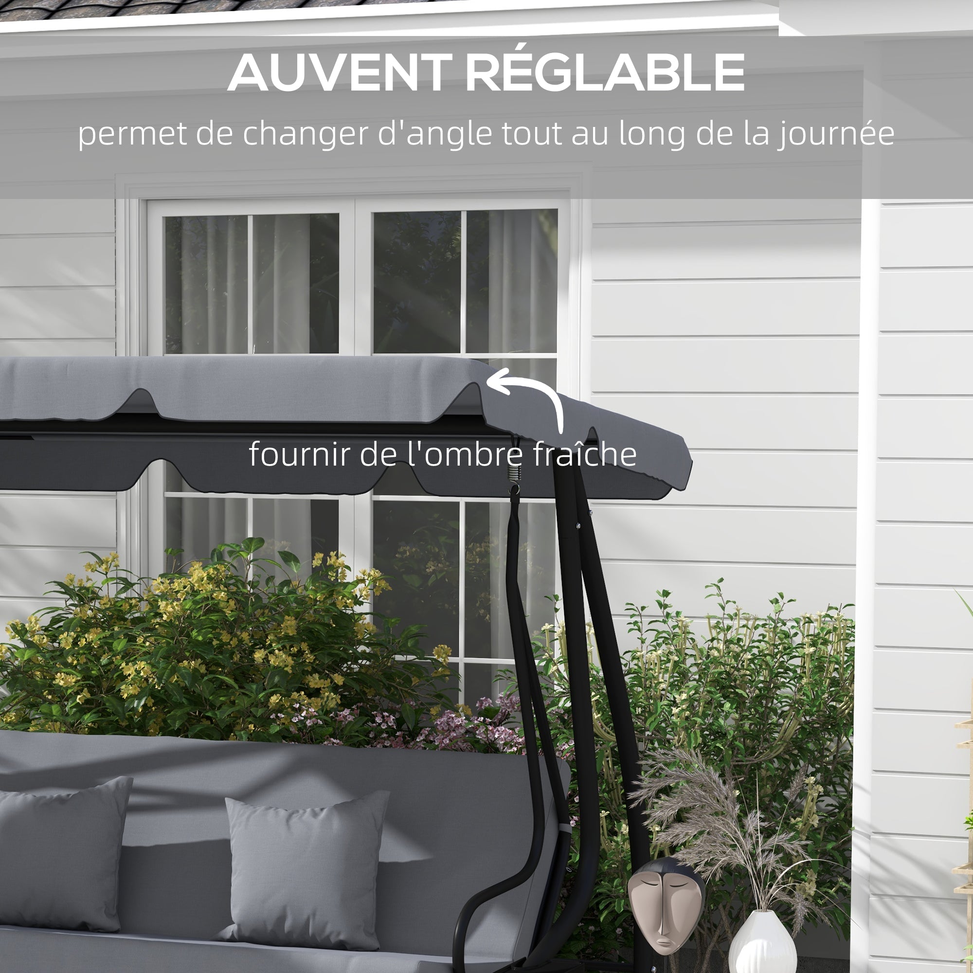 3 Seater Garden Swing Convertible Adjustable Roof 2 Side Shelves Support 2L x 1.2W x 1.64H m Epoxy Metal Black Dark Gray Polyester