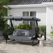 3 Seater Garden Swing Convertible Adjustable Roof 2 Side Shelves Support 2L x 1.2W x 1.64H m Epoxy Metal Black Dark Gray Polyester