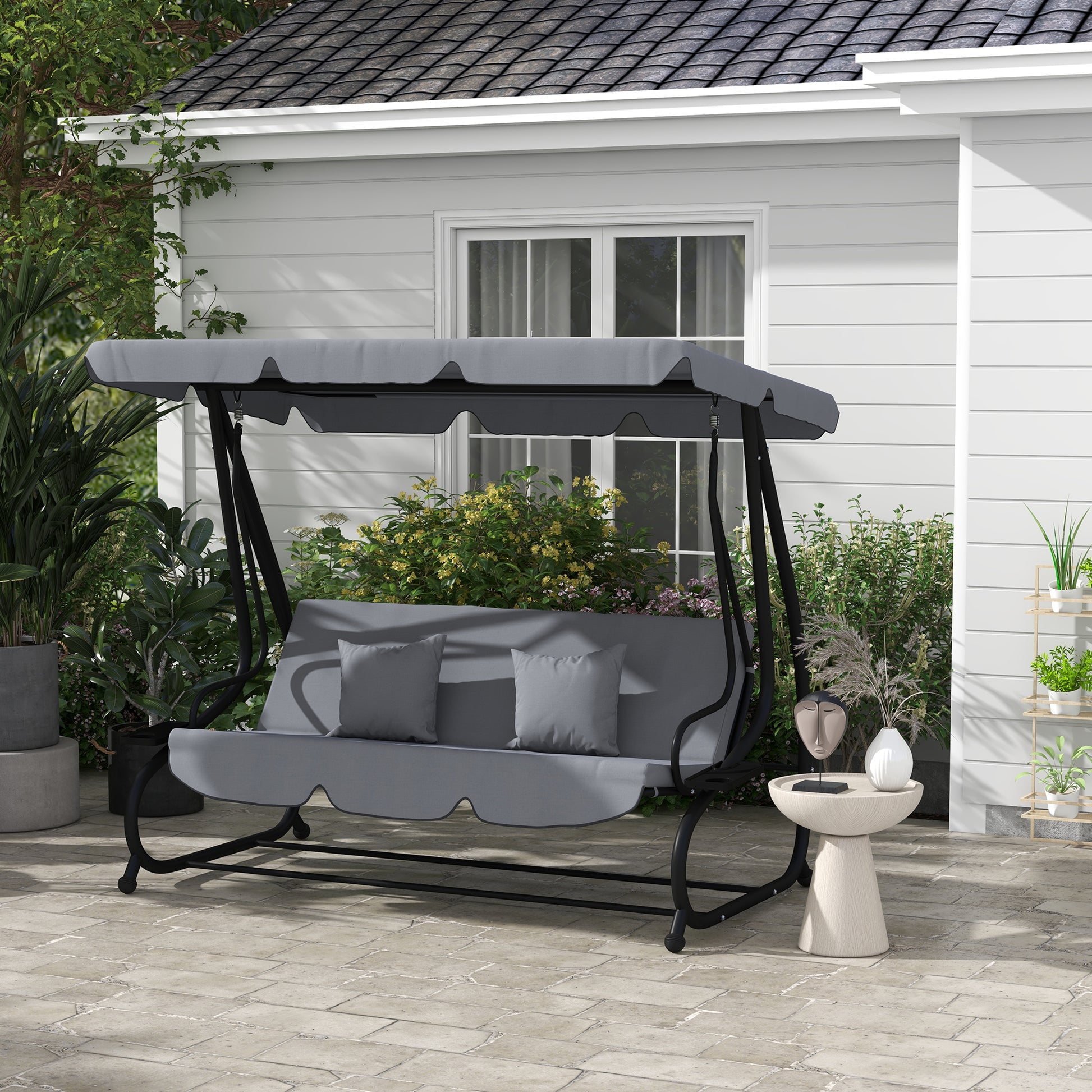 3 Seater Garden Swing Convertible Adjustable Roof 2 Side Shelves Support 2L x 1.2W x 1.64H m Epoxy Metal Black Dark Gray Polyester