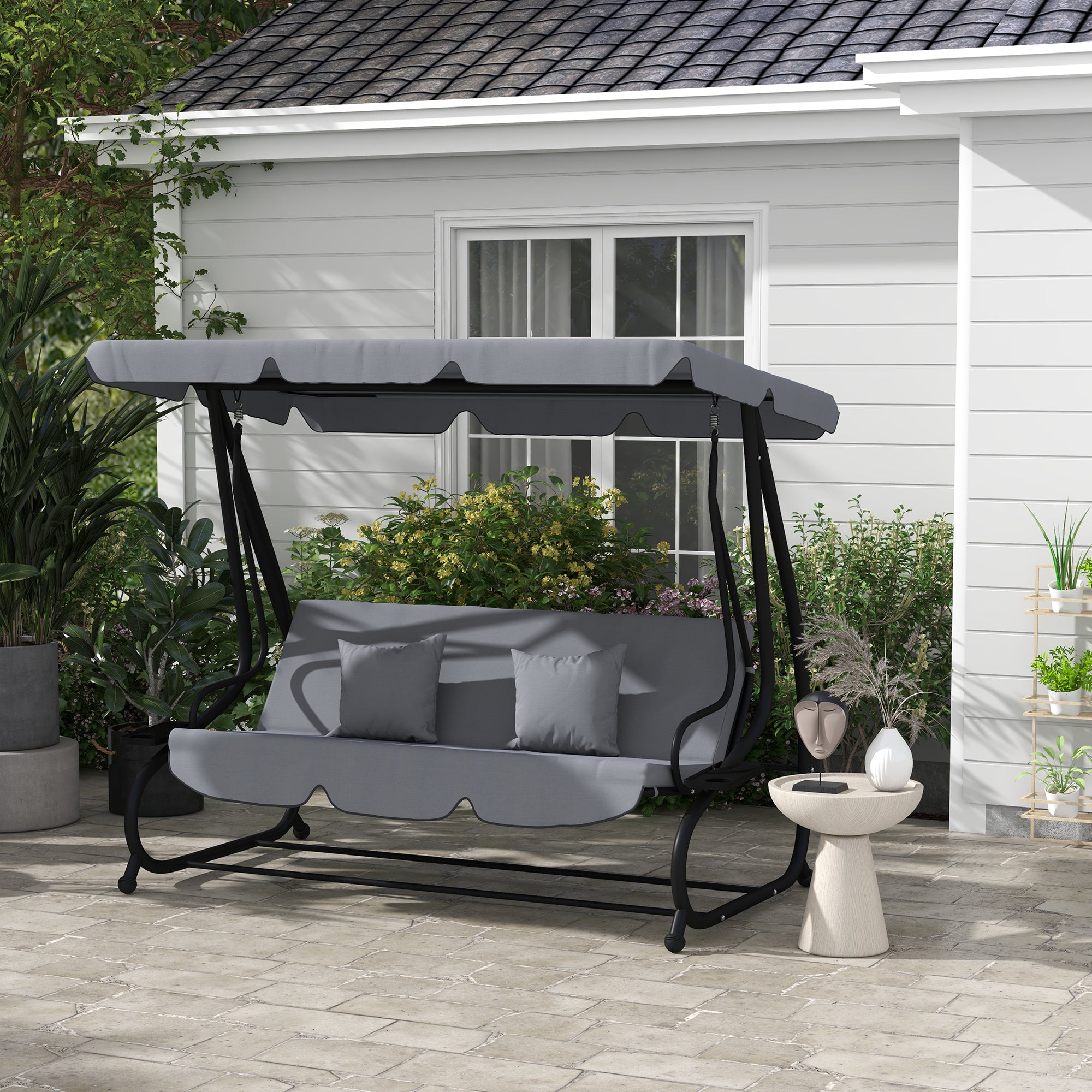3 Seater Garden Swing Convertible Adjustable Roof 2 Side Shelves Support 2L x 1.2W x 1.64H m Epoxy Metal Black Dark Gray Polyester