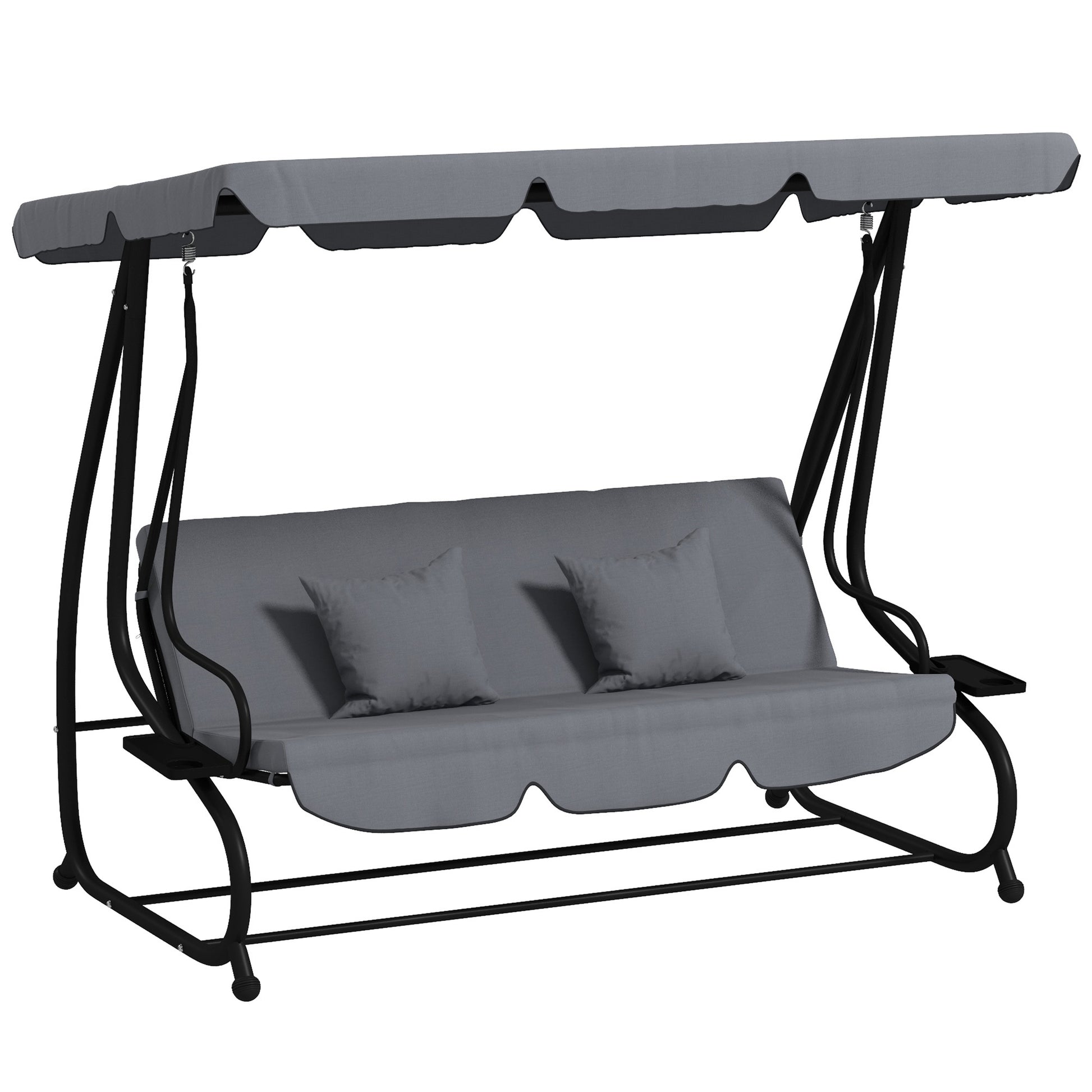 3 Seater Garden Swing Convertible Adjustable Roof 2 Side Shelves Support 2L x 1.2W x 1.64H m Epoxy Metal Black Dark Gray Polyester