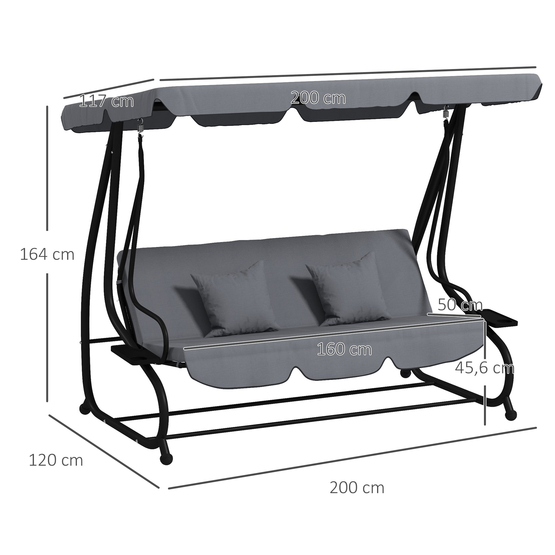 3 Seater Garden Swing Convertible Adjustable Roof 2 Side Shelves Support 2L x 1.2W x 1.64H m Epoxy Metal Black Dark Gray Polyester