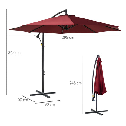 Ø 295 cm Eccentric Parasol Garden Umbrella with Adjustable Angle Cross Base and Crank Patio Umbrella Garnet