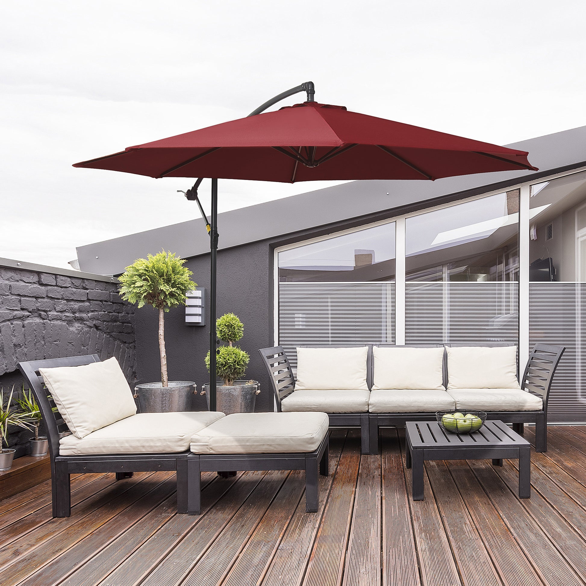 Ø 295 cm Eccentric Parasol Garden Umbrella with Adjustable Angle Cross Base and Crank Patio Umbrella Garnet