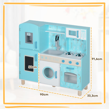 Toy Kitchen for Kids +3 Years Children's Wooden Kitchen with Sound Stove Oven Sink Microwave Washer Ice Maker and Blue Kitchen Accessories