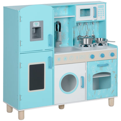 Toy Kitchen for Kids +3 Years Children's Wooden Kitchen with Sound Stove Oven Sink Microwave Washer Ice Maker and Blue Kitchen Accessories