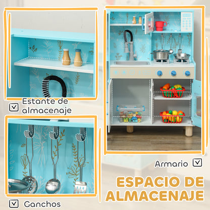 Toy Kitchen for Kids +3 Years Children's Wooden Kitchen with Sound Stove Oven Sink Microwave Washer Ice Maker and Blue Kitchen Accessories