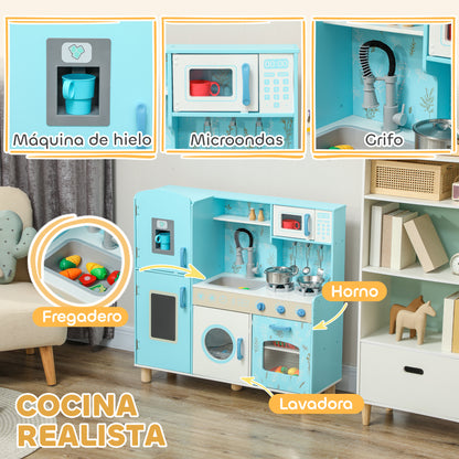 Toy Kitchen for Kids +3 Years Children's Wooden Kitchen with Sound Stove Oven Sink Microwave Washer Ice Maker and Blue Kitchen Accessories