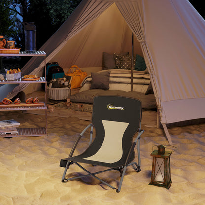 Folding Beach Chair, Lightweight Camping Chair 2.2 kg, with Mesh Backrest, Carrying Bag, and Cup Holder for Garden, Picnic, Festival, Travel, Black