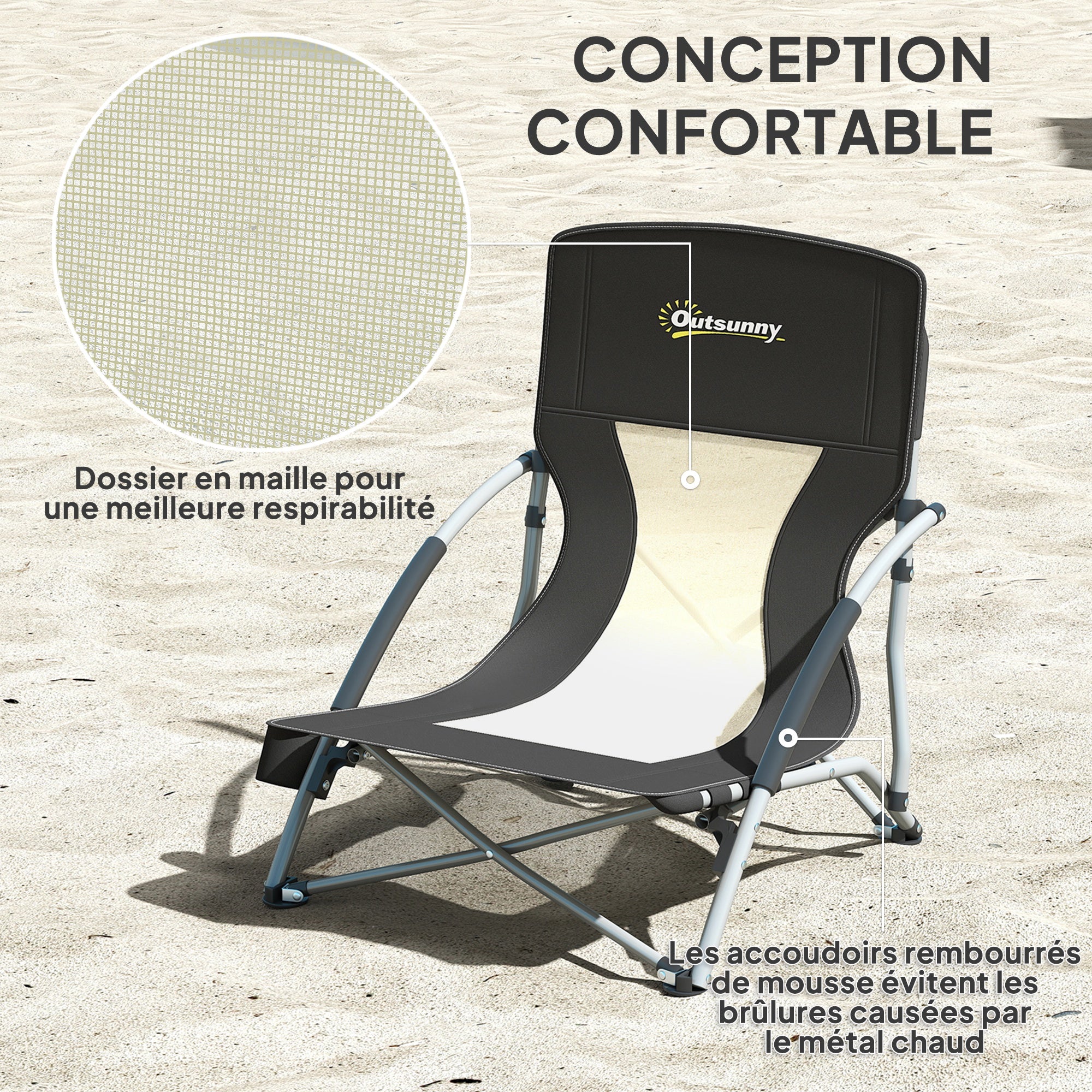 Folding Beach Chair, Lightweight Camping Chair 2.2 kg, with Mesh Backrest, Carrying Bag, and Cup Holder for Garden, Picnic, Festival, Travel, Black