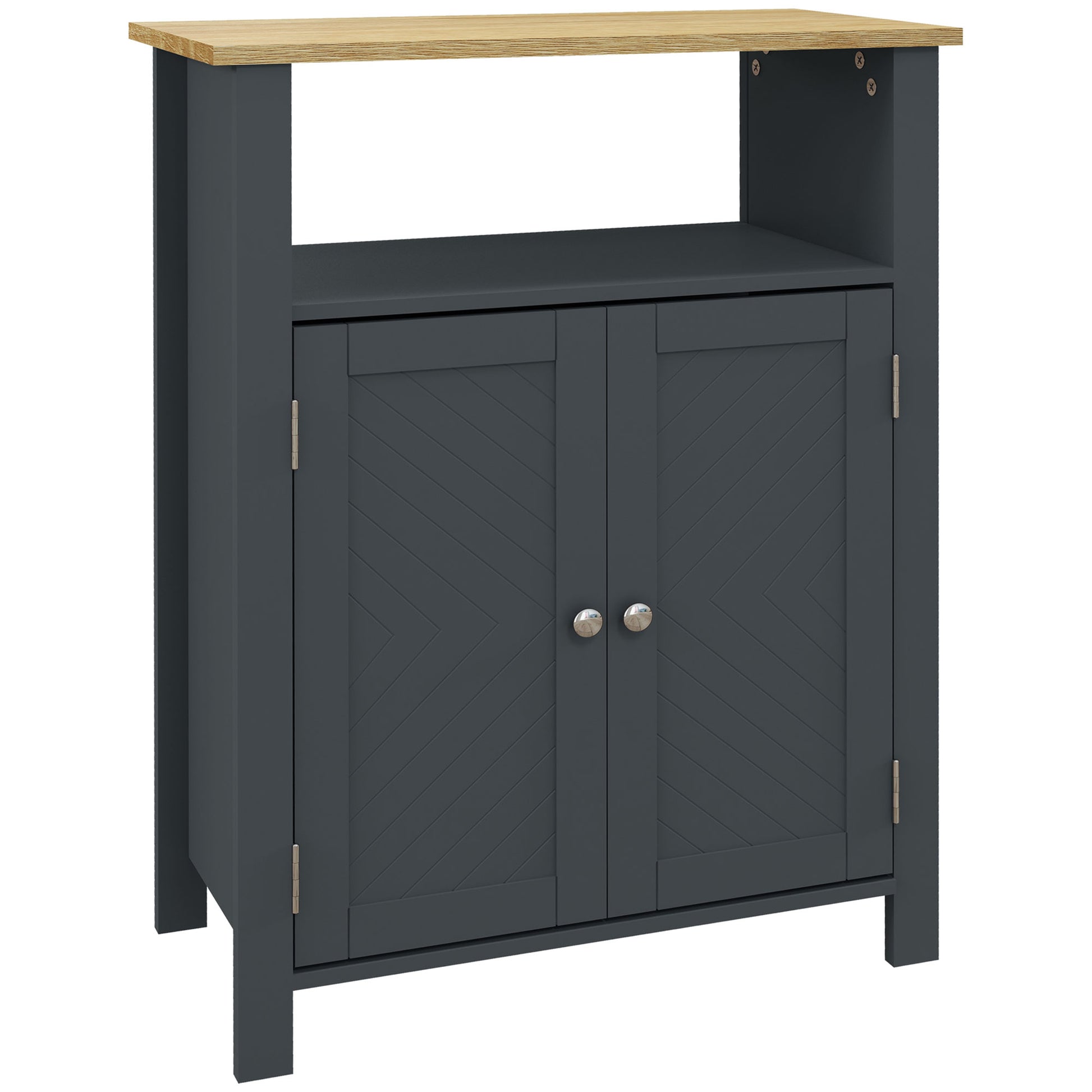 Bathroom Cabinet with 3 Shelves in MDF and Particleboard with Adjustable Interior Shelf and 2 Raised Doors, 60x30x80.5 cm, Gray and Wood Color