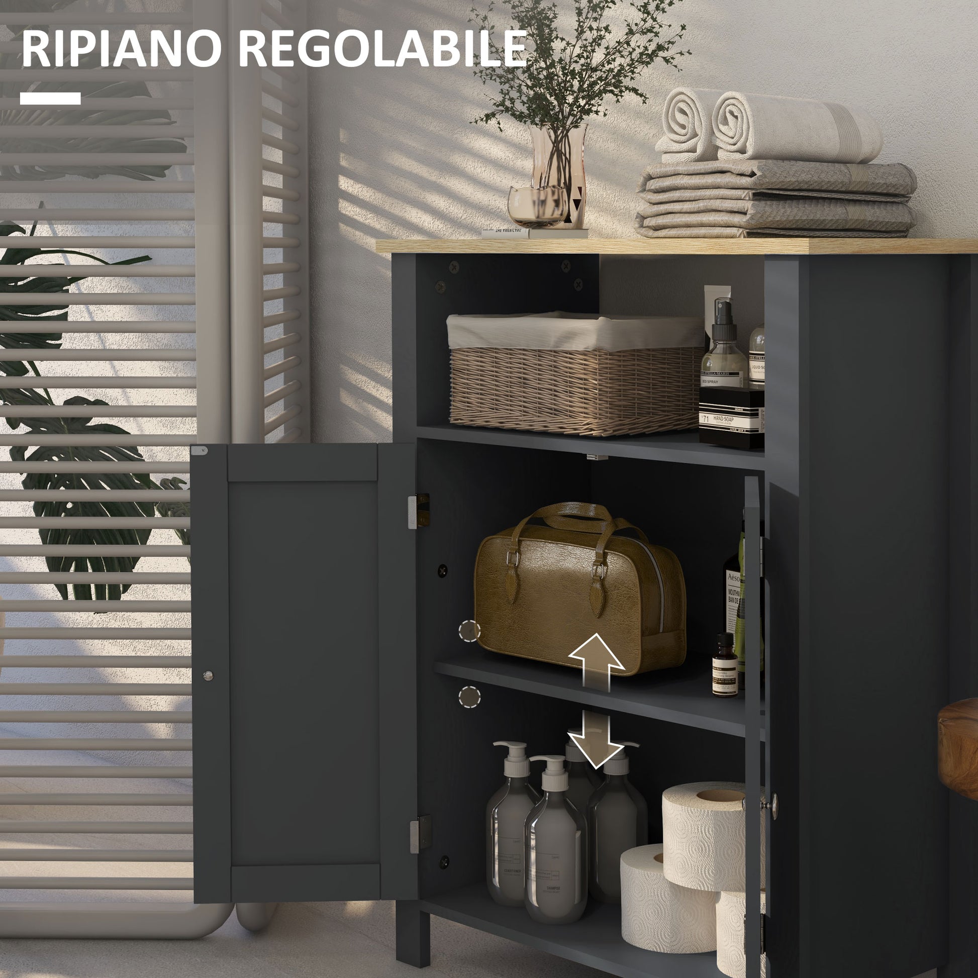 Bathroom Cabinet with 3 Shelves in MDF and Particleboard with Adjustable Interior Shelf and 2 Raised Doors, 60x30x80.5 cm, Gray and Wood Color