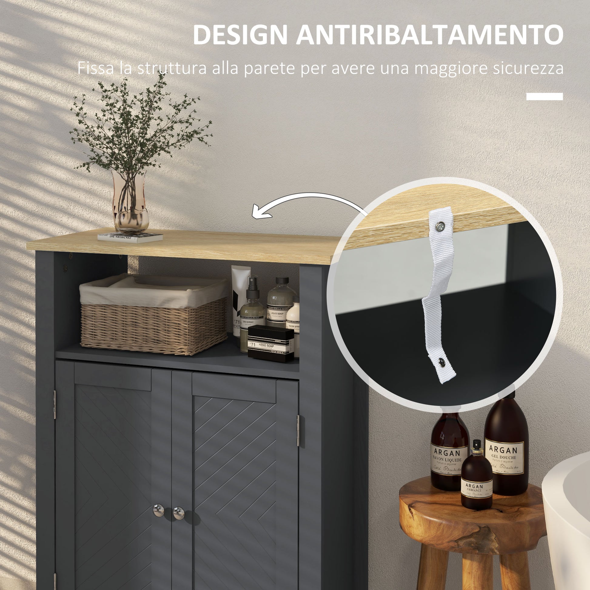 Bathroom Cabinet with 3 Shelves in MDF and Particleboard with Adjustable Interior Shelf and 2 Raised Doors, 60x30x80.5 cm, Gray and Wood Color